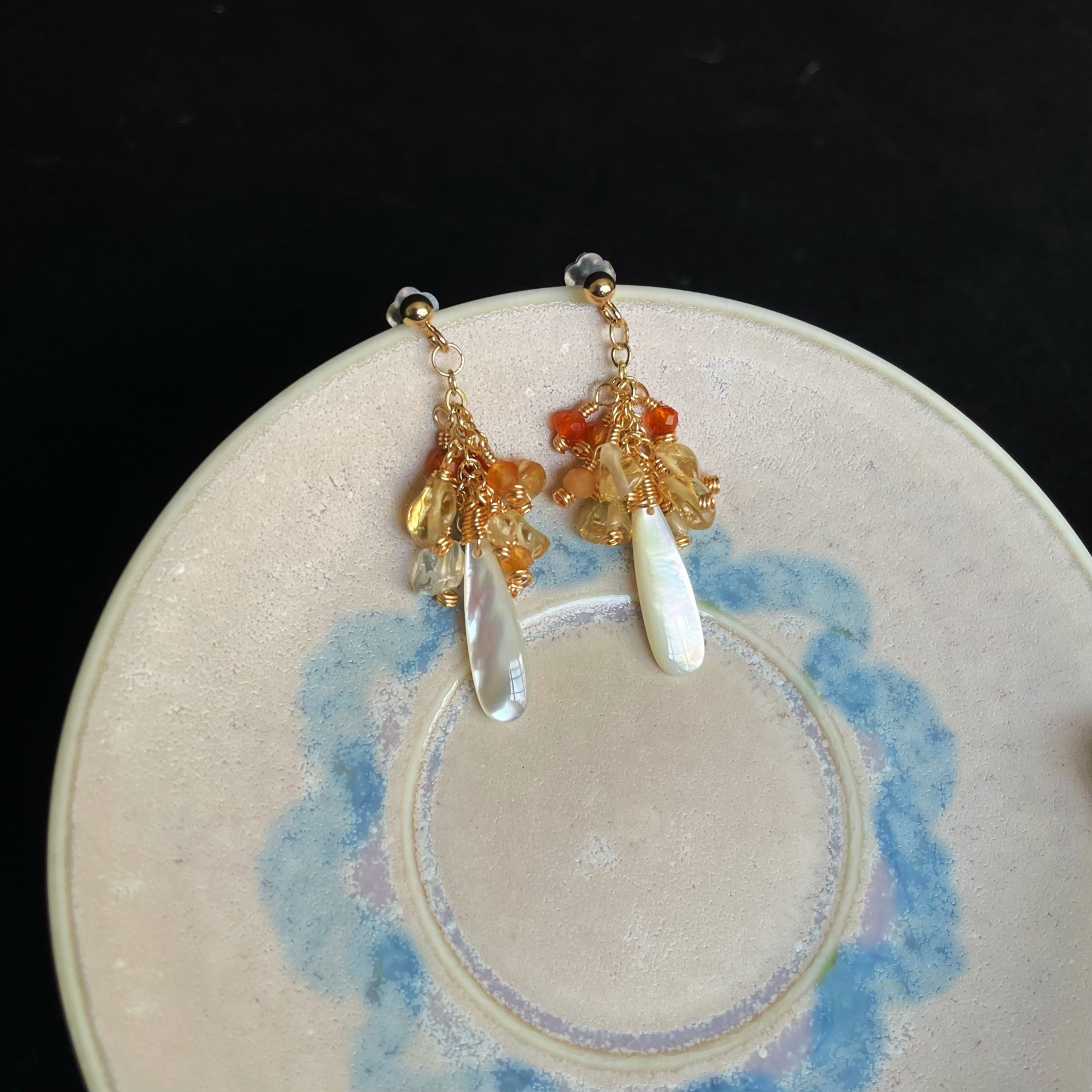 Handmade Golden Christmas Tree Earrings Citrine Red Agate and Mother of Pearl Drop Earrings