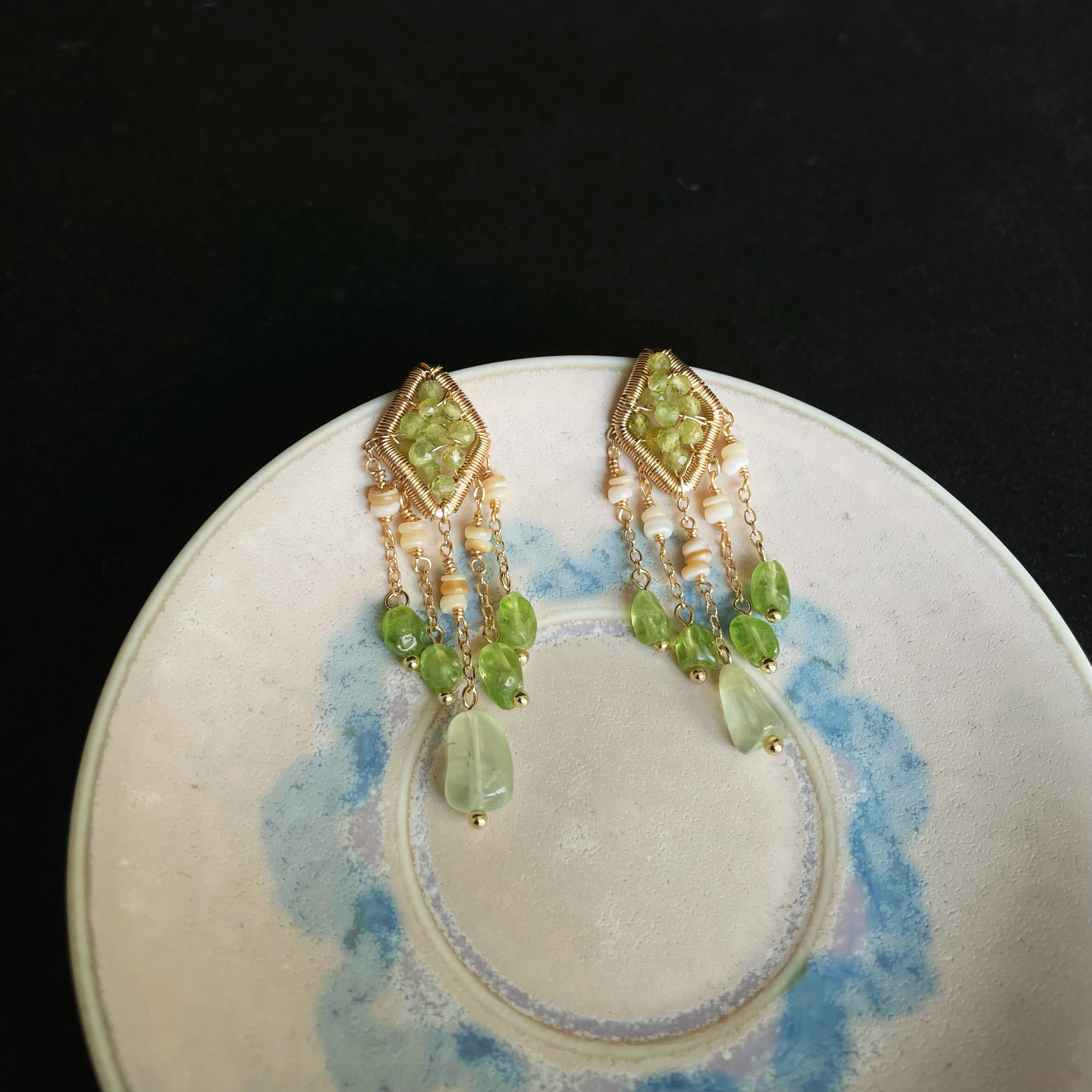 Forest Light Handmade Peridot Wire Wrapped Diamond with Peridot and Shell Fringe Earrings