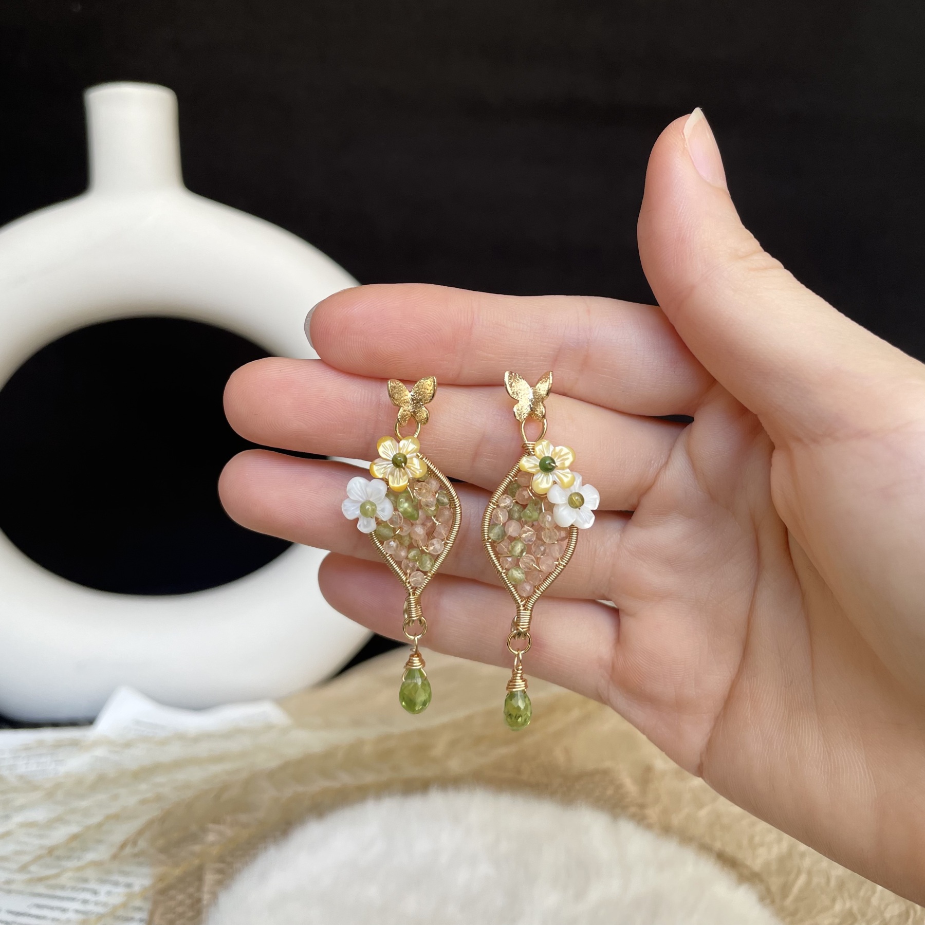Handmade Wire Wrapped Peridot Citrine and Sunstone Fresh Bloom Leaf with Flowers Earrings