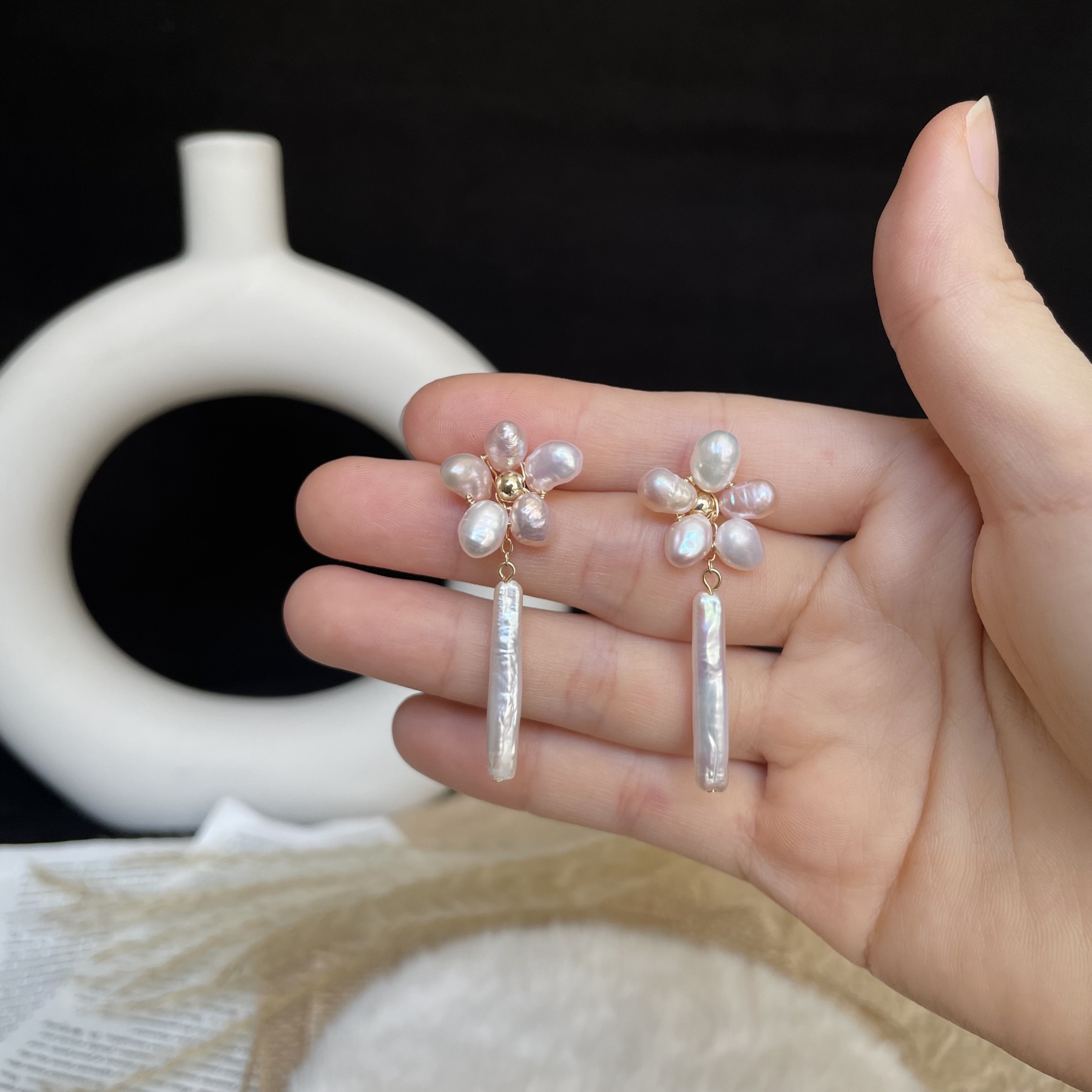 Handmade Elegant Freshwater Pearl Flower Drop Earrings Baroque Pearl Dangle