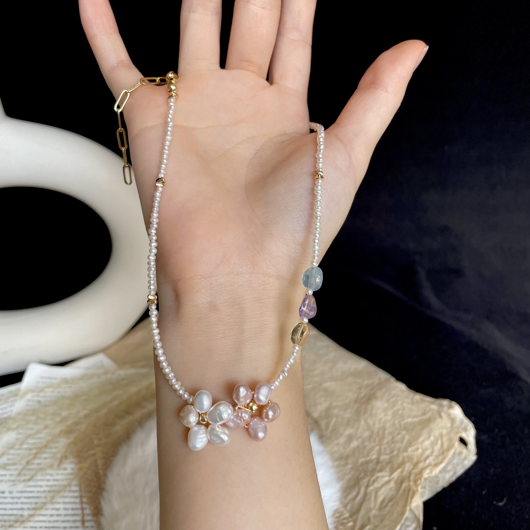 Handmade Sweet Pearl Flower Necklace with Gemstone Accents Dainty Freshwater Pearl Choker