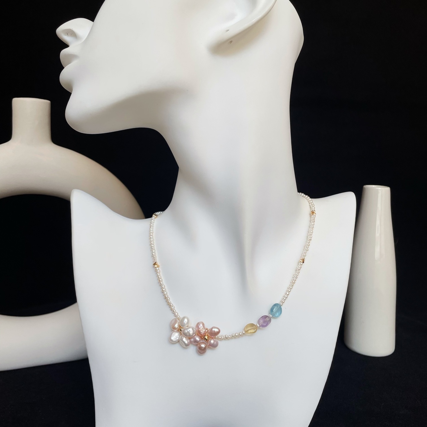Handmade Sweet Pearl Flower Necklace with Gemstone Accents Dainty Freshwater Pearl Choker