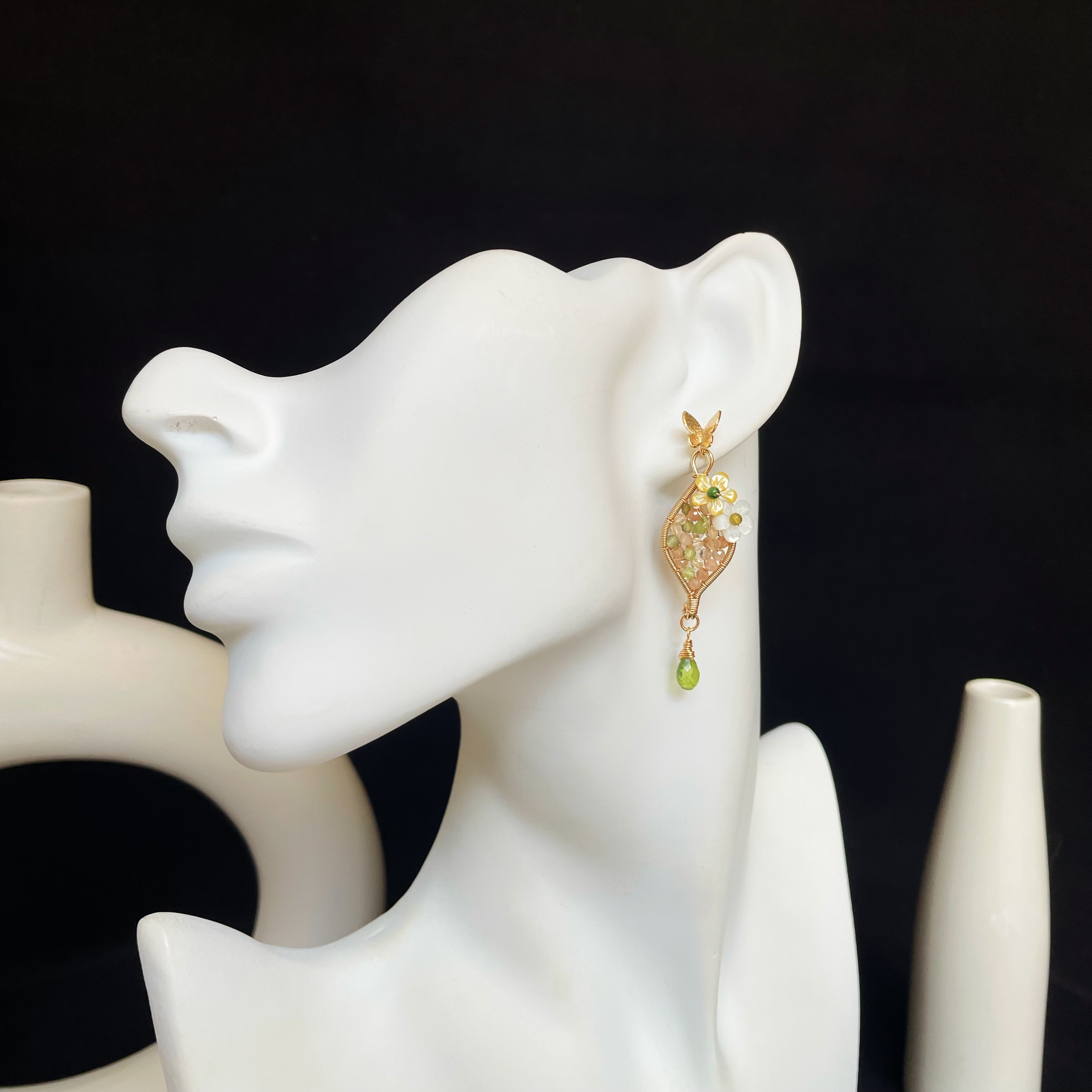 Handmade Wire Wrapped Peridot Citrine and Sunstone Fresh Bloom Leaf with Flowers Earrings