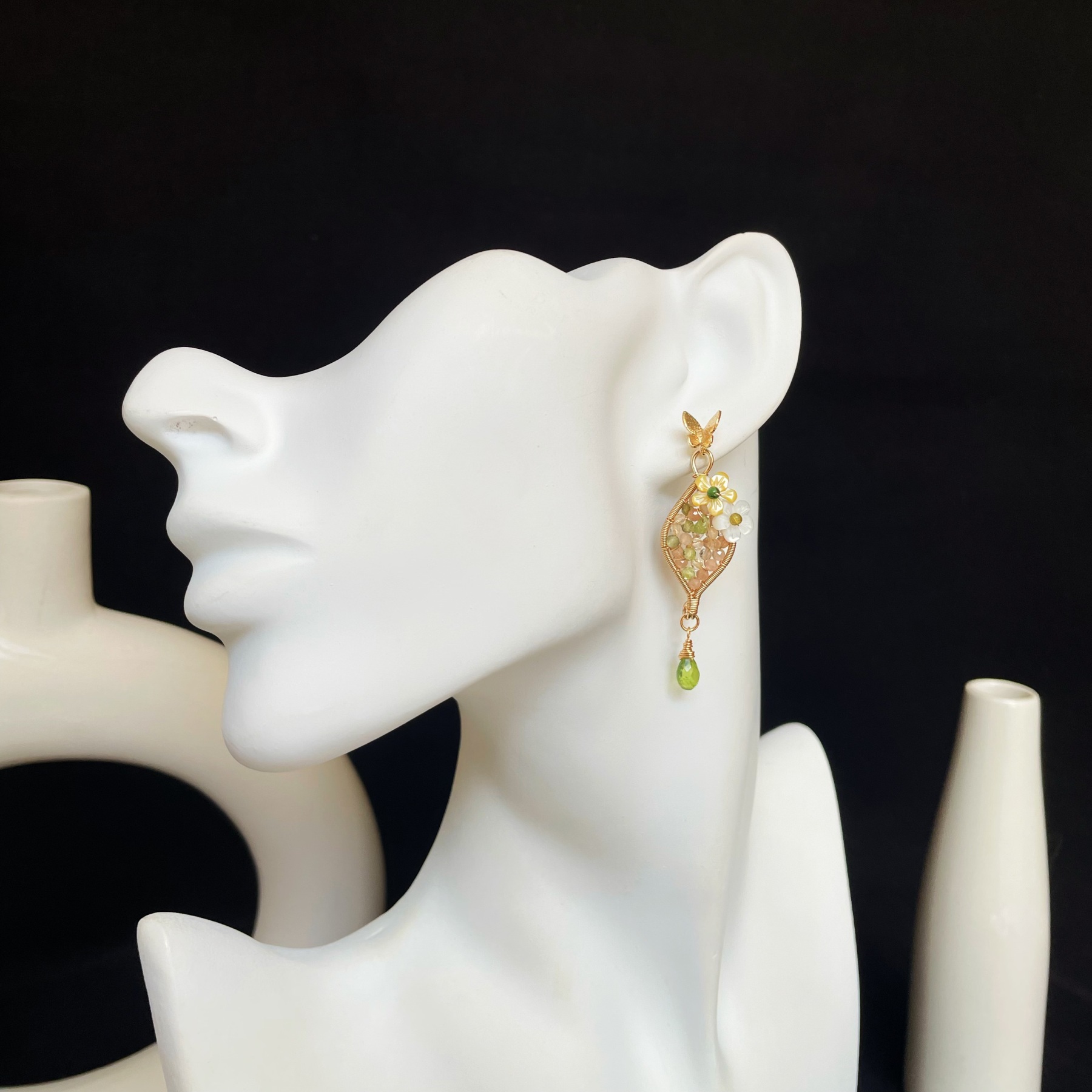 Handmade Wire Wrapped Peridot Citrine and Sunstone Fresh Bloom Leaf with Flowers Earrings