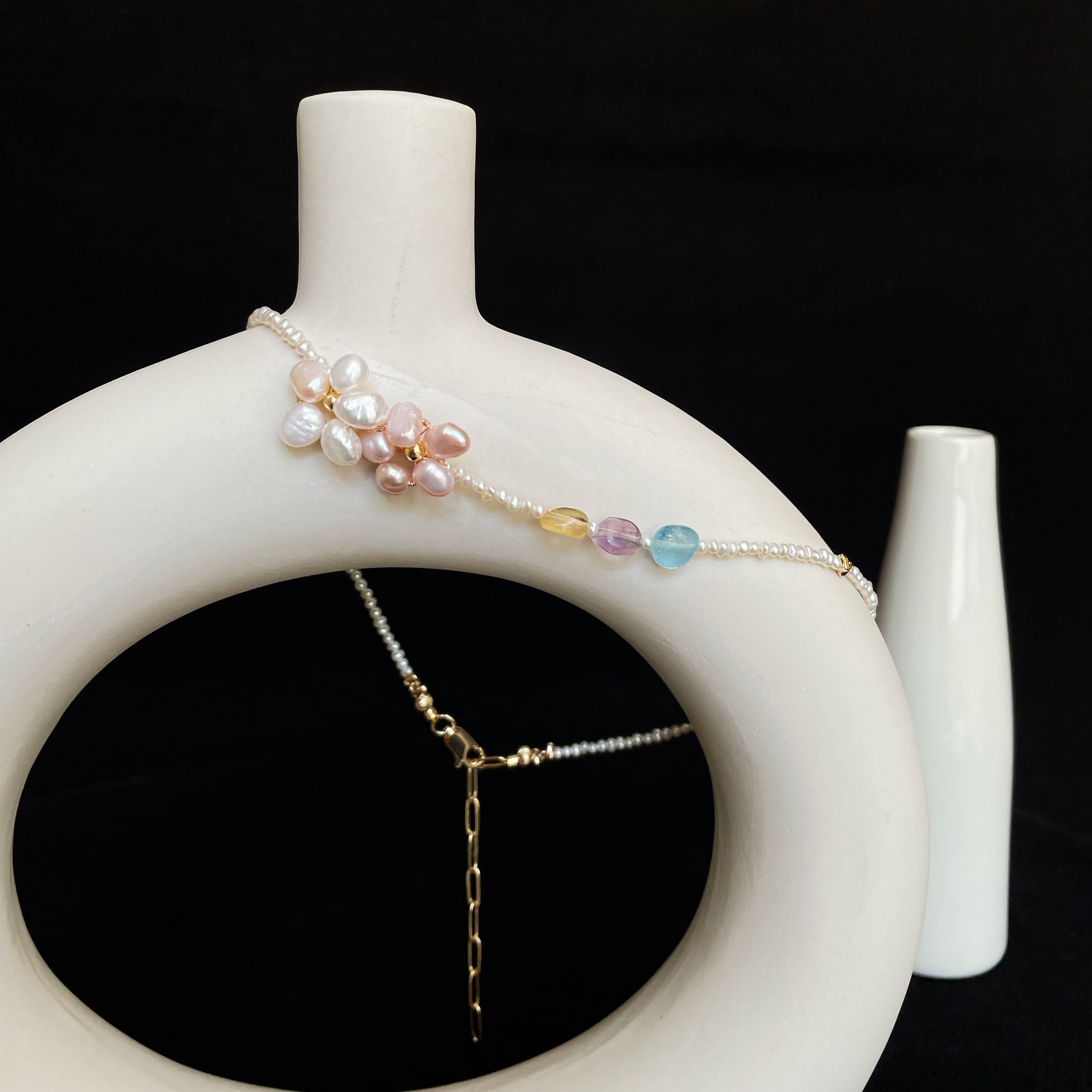 Handmade Sweet Pearl Flower Necklace with Gemstone Accents Dainty Freshwater Pearl Choker