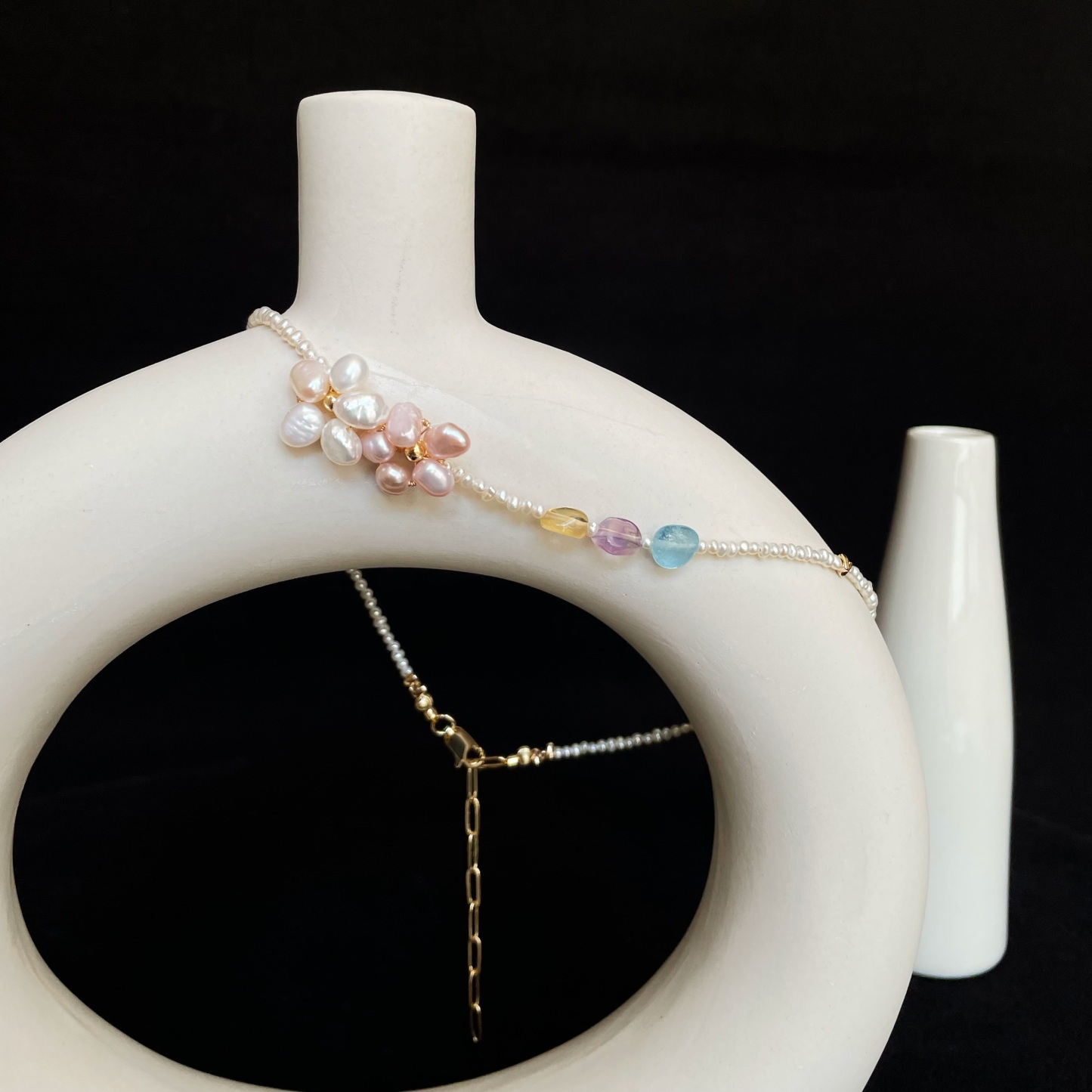 Handmade Sweet Pearl Flower Necklace with Gemstone Accents Dainty Freshwater Pearl Choker