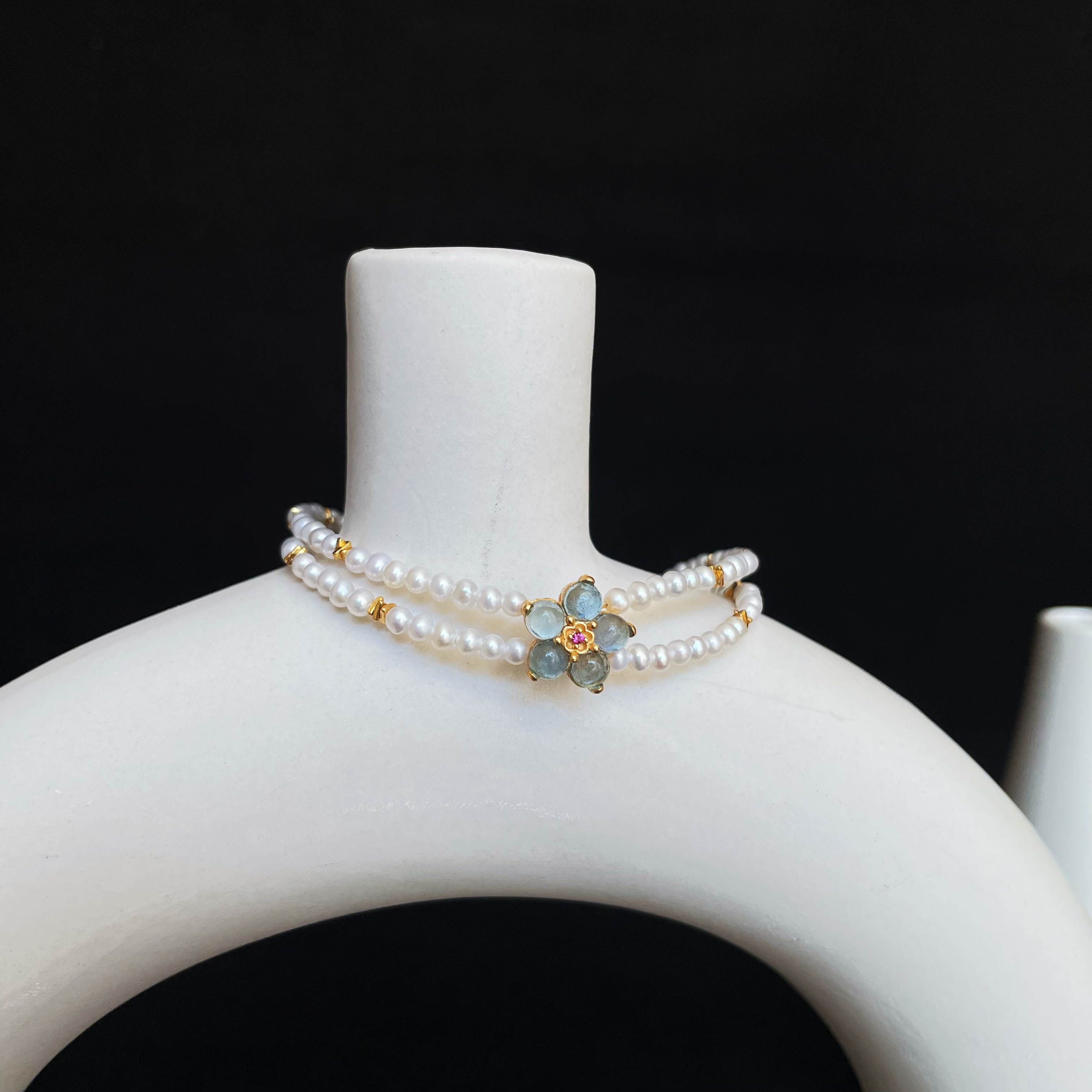 Handmade Galaxy Bloom Double Layer Freshwater Pearl Bracelet with Aquamarine Flower