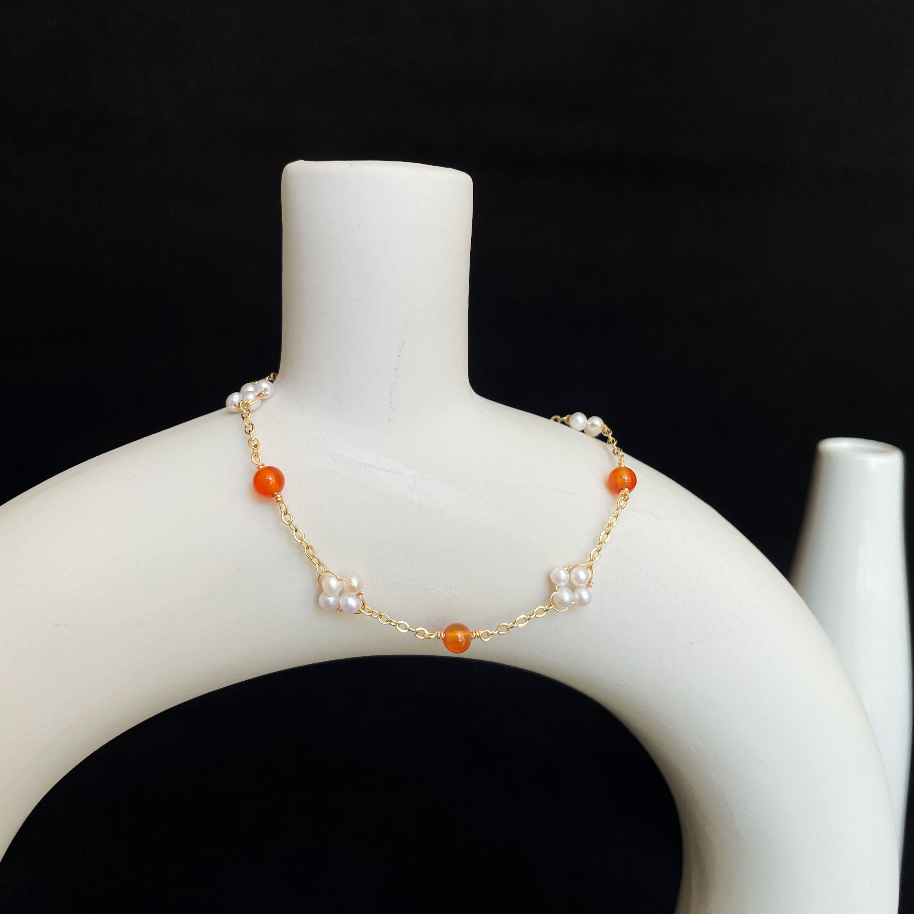 Handmade Freshwater Pearl Floral Clusters and Red Agate Round beads Dainty Gold Chain Bracelet 