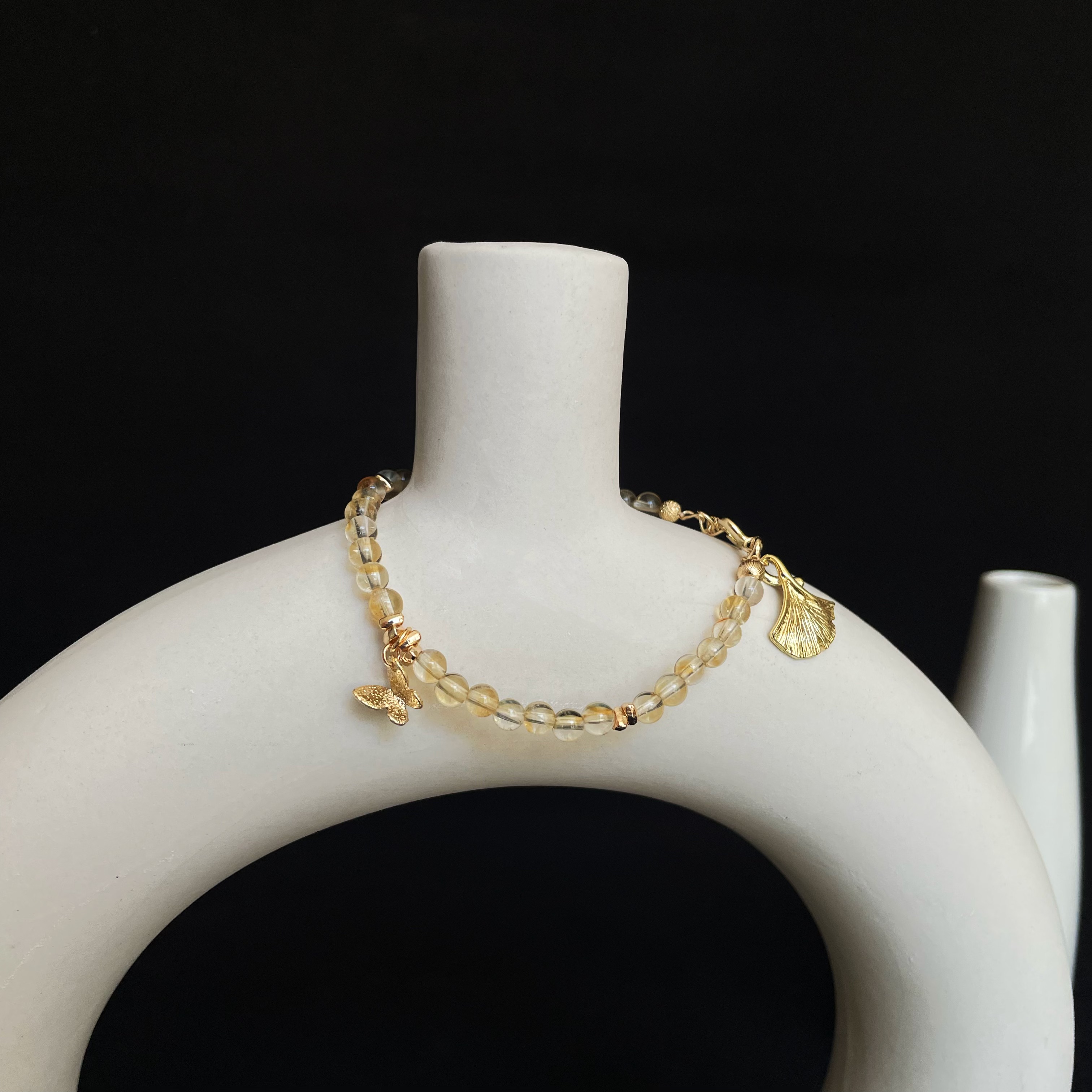 Handmade Natural Citrine Bracelet with Butterfly and Ginkgo Leaf Charms