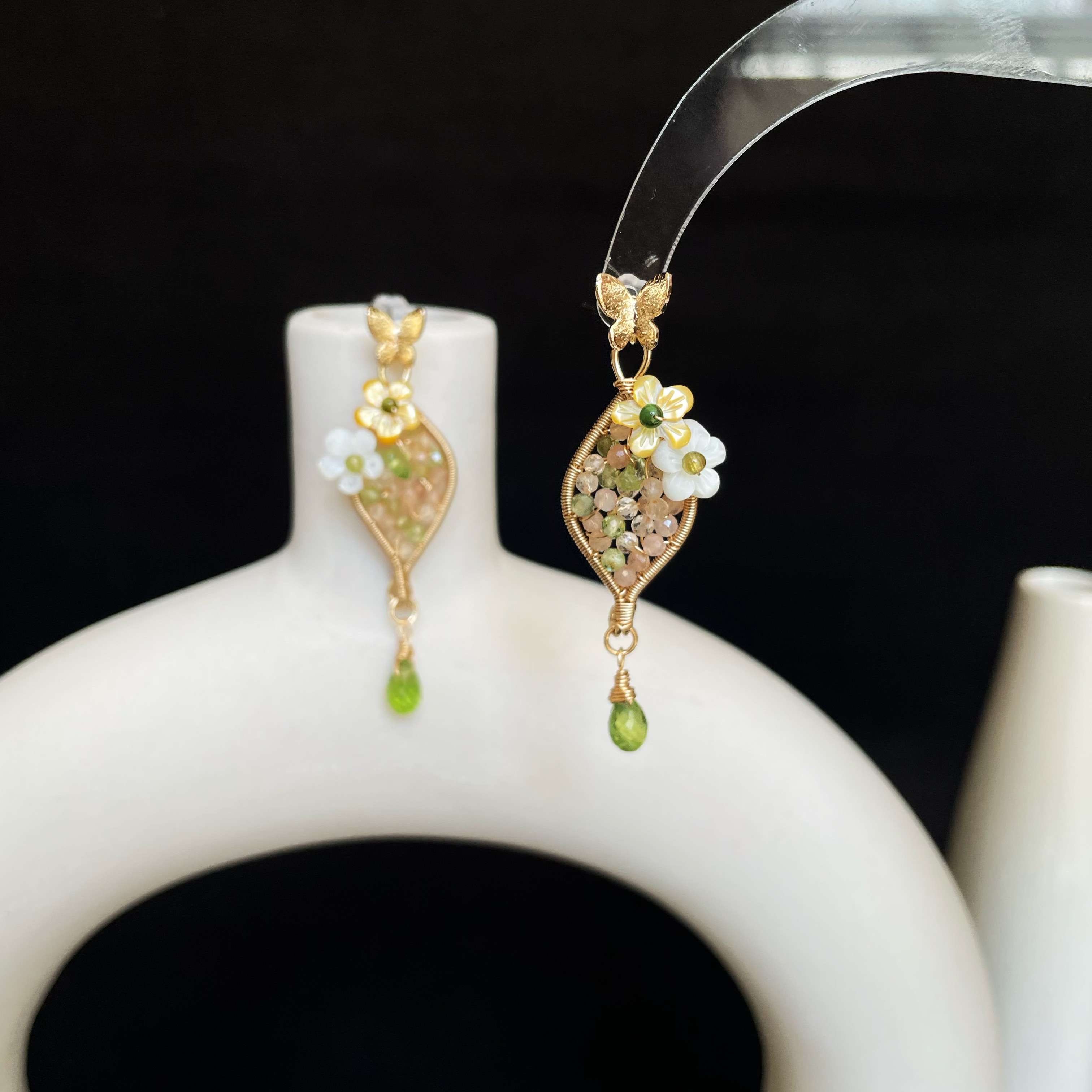 Handmade Wire Wrapped Peridot Citrine and Sunstone Fresh Bloom Leaf with Flowers Earrings