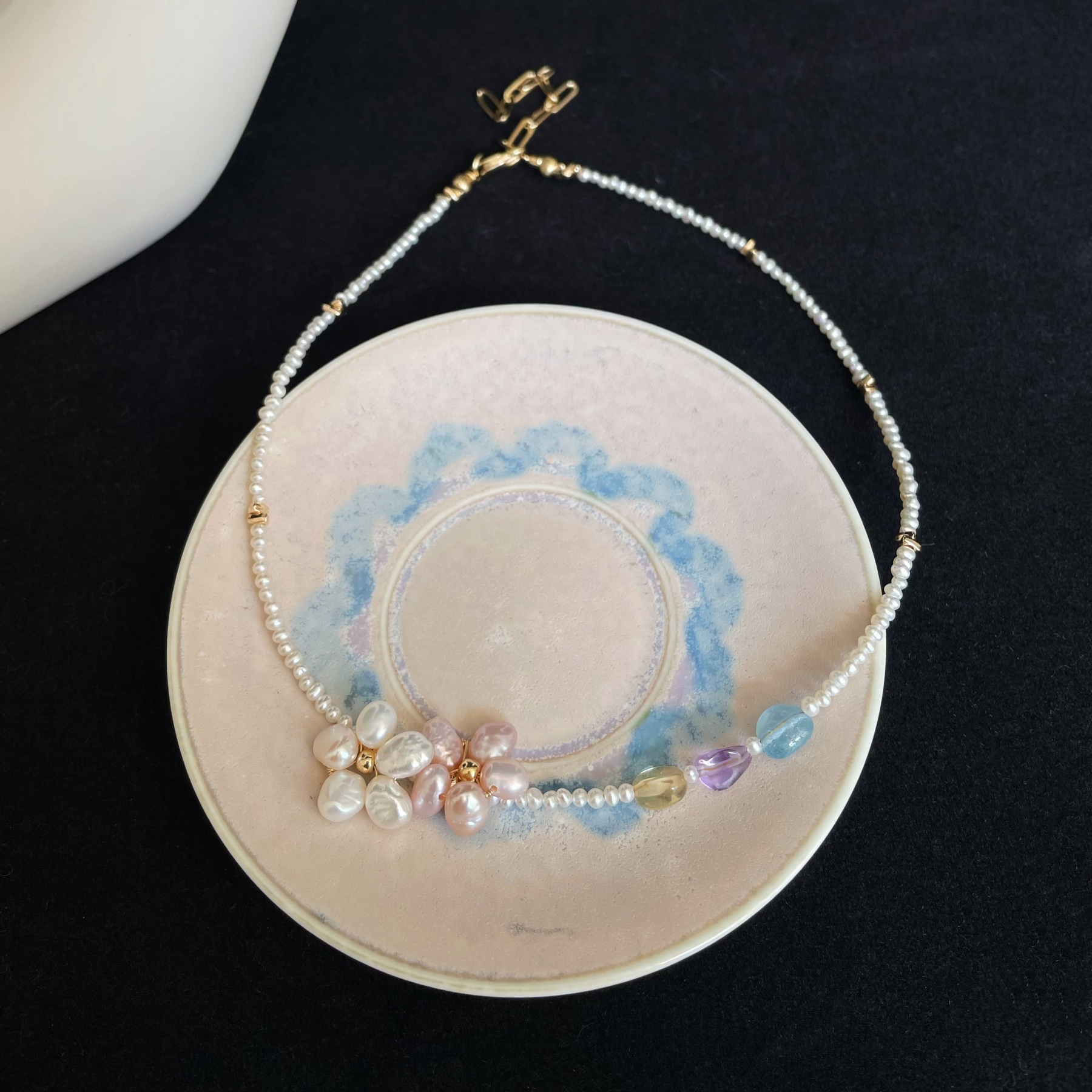 Handmade Sweet Pearl Flower Necklace with Gemstone Accents Dainty Freshwater Pearl Choker
