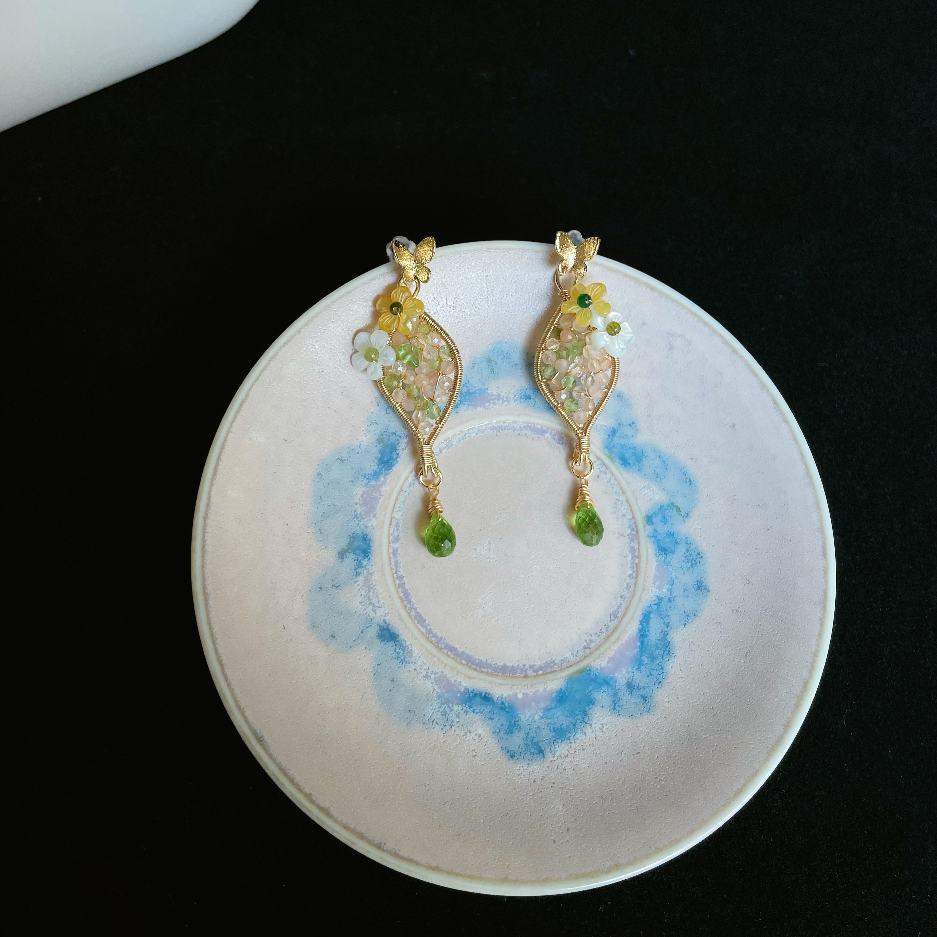 Handmade Wire Wrapped Peridot Citrine and Sunstone Fresh Bloom Leaf with Flowers Earrings