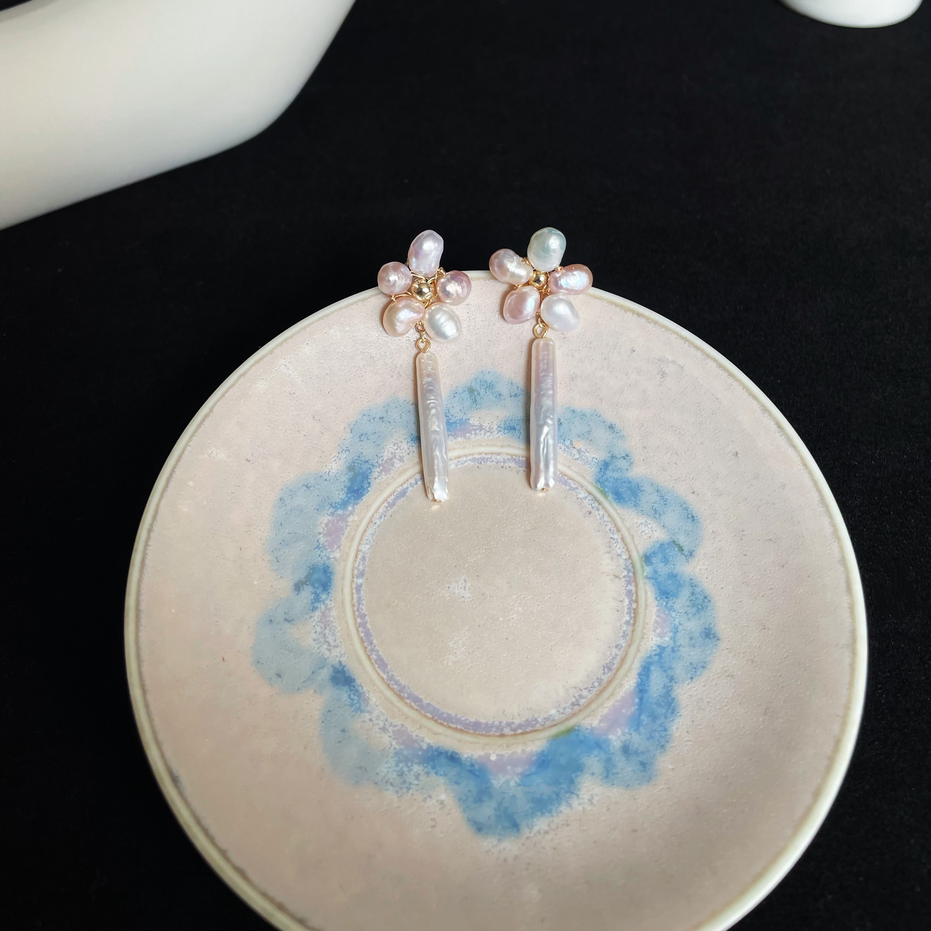 Handmade Elegant Freshwater Pearl Flower Drop Earrings Baroque Pearl Dangle