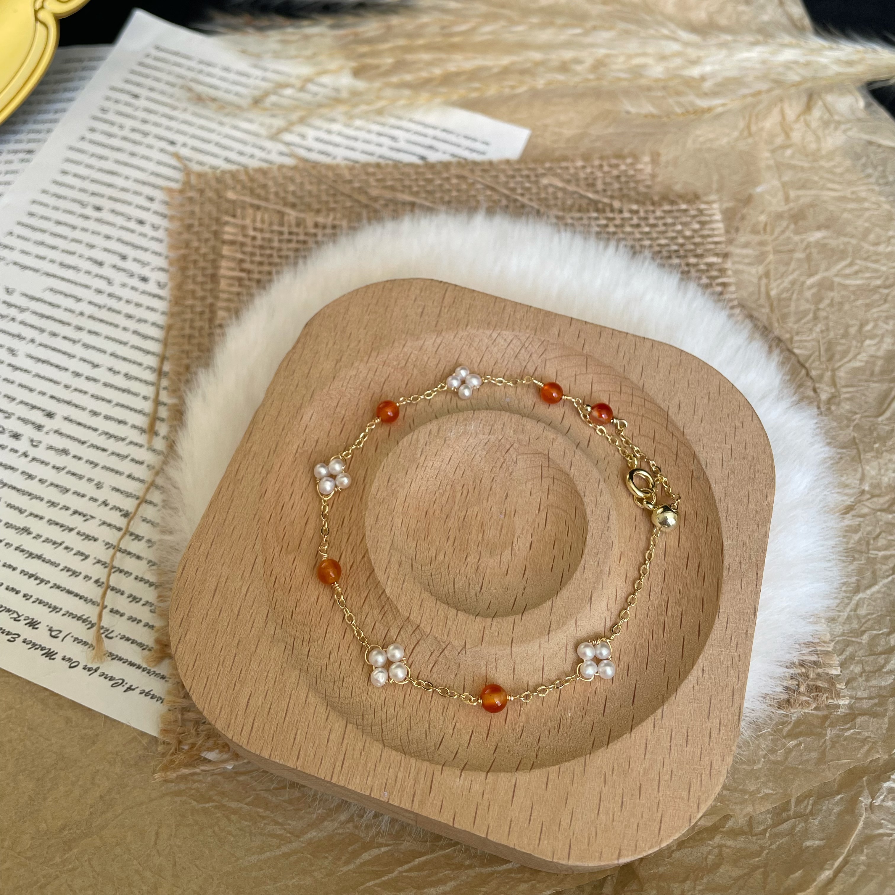 Handmade Freshwater Pearl Floral Clusters and Red Agate Round beads Dainty Gold Chain Bracelet 