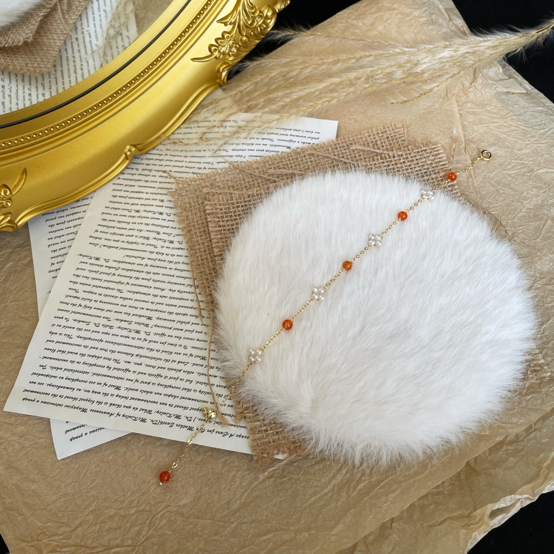 Handmade Freshwater Pearl Floral Clusters and Red Agate Round beads Dainty Gold Chain Bracelet 