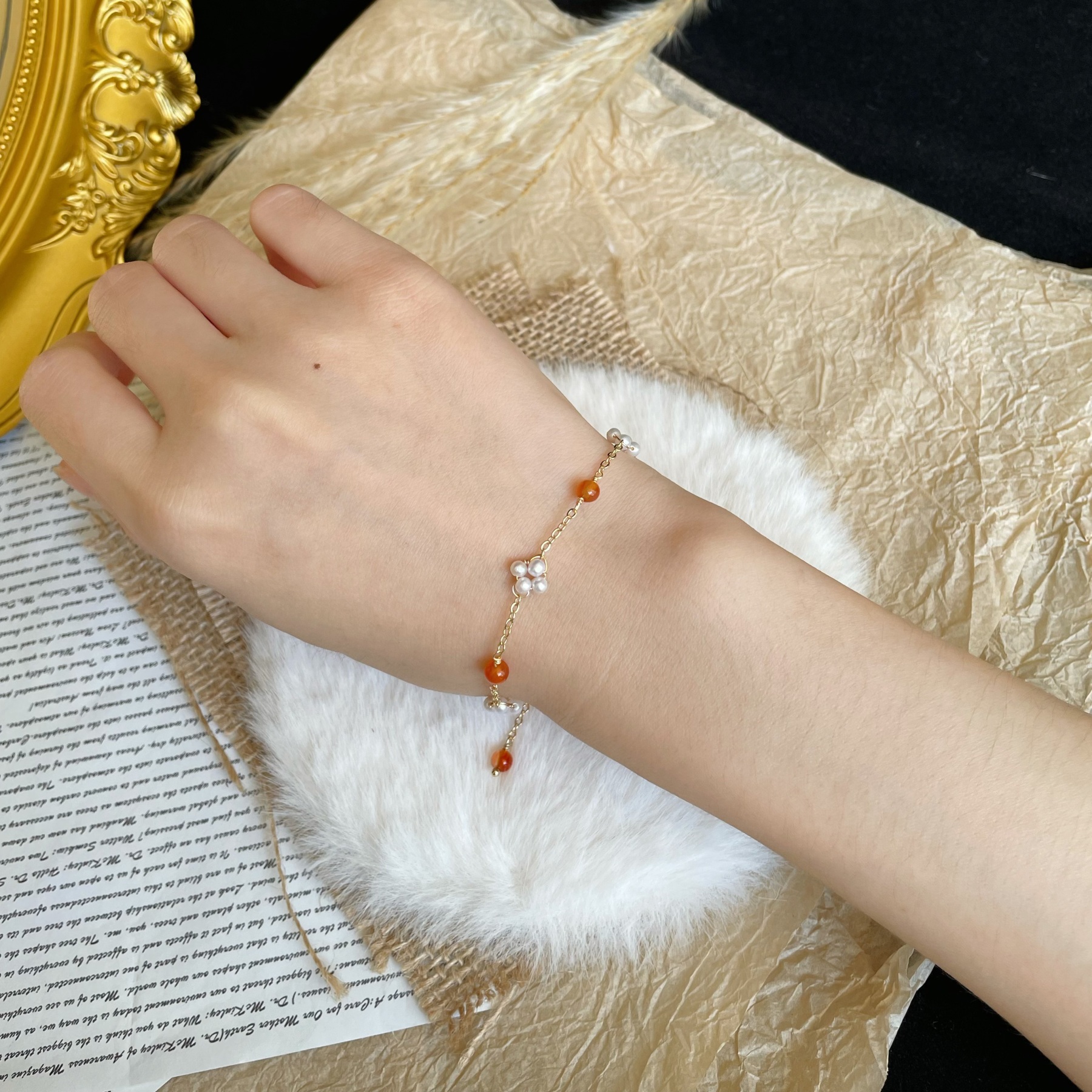 Handmade Freshwater Pearl Floral Clusters and Red Agate Round beads Dainty Gold Chain Bracelet 