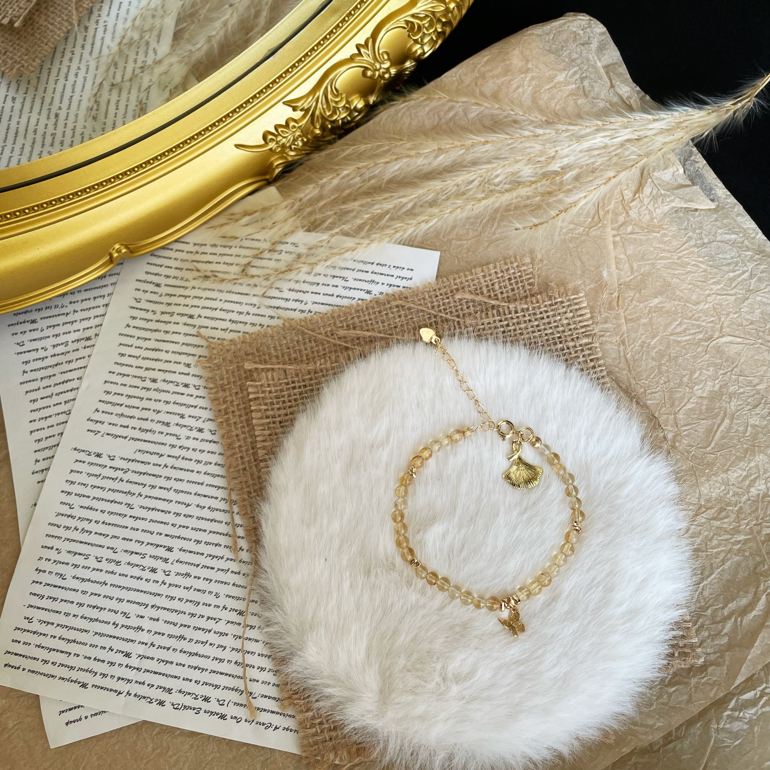 Handmade Natural Citrine Bracelet with Butterfly and Ginkgo Leaf Charms