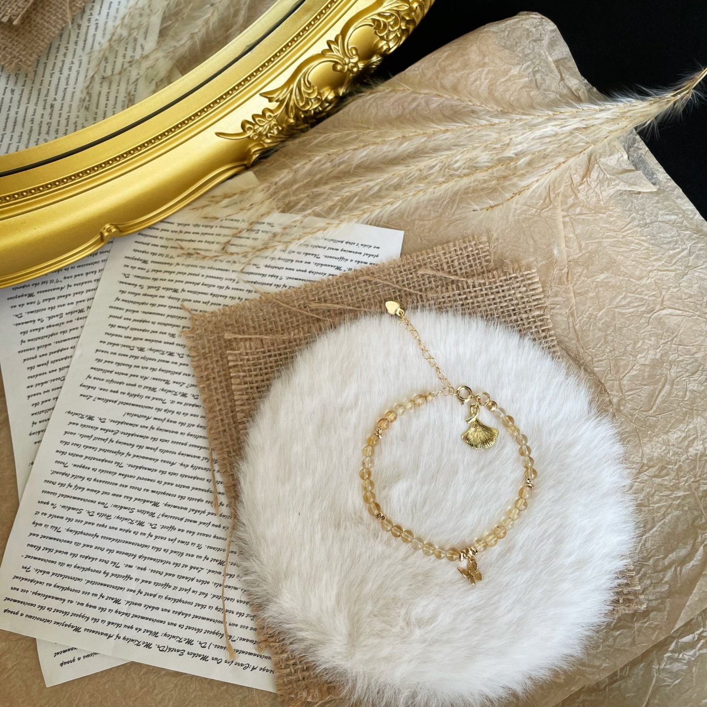 Handmade Natural Citrine Bracelet with Butterfly and Ginkgo Leaf Charms