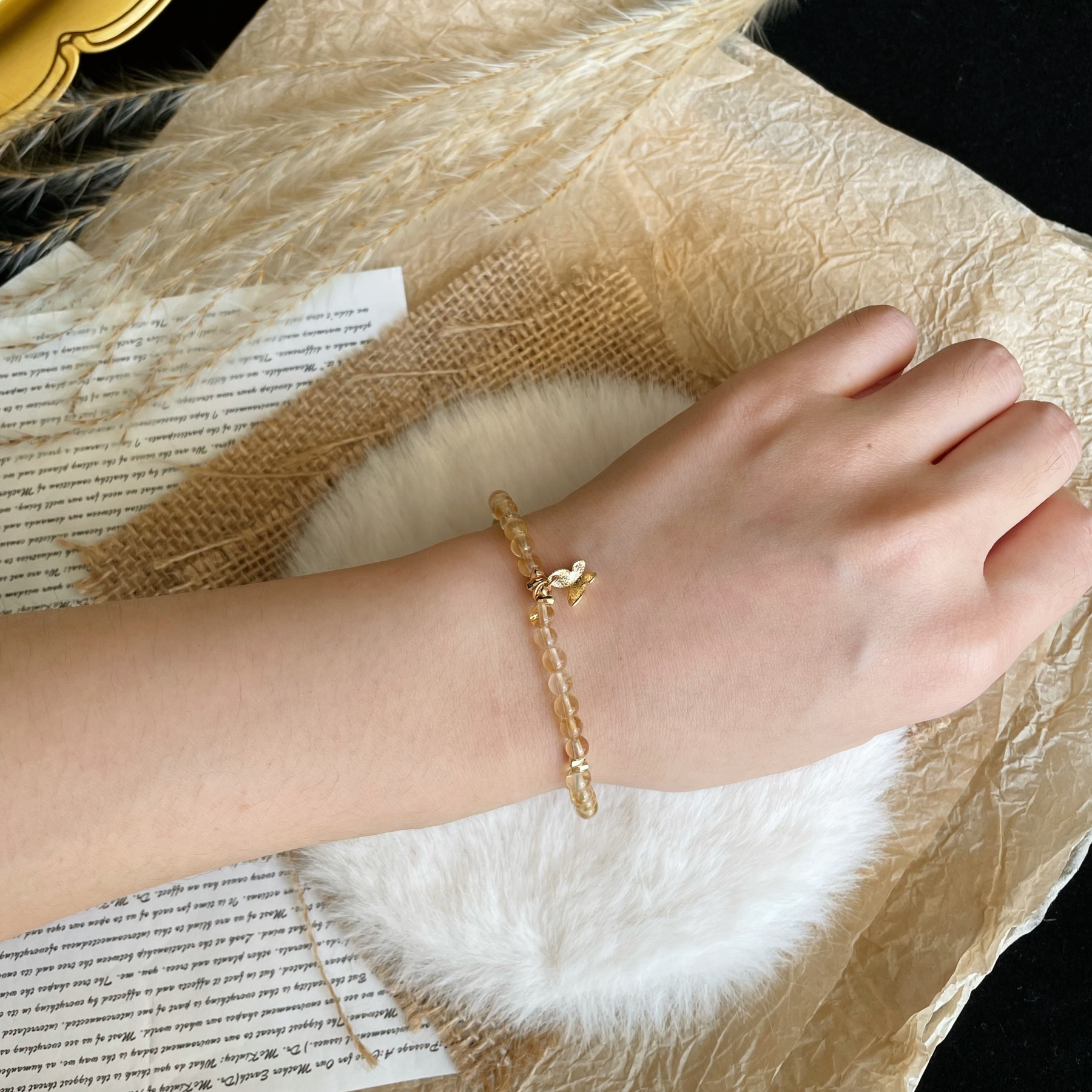 Handmade Natural Citrine Bracelet with Butterfly and Ginkgo Leaf Charms