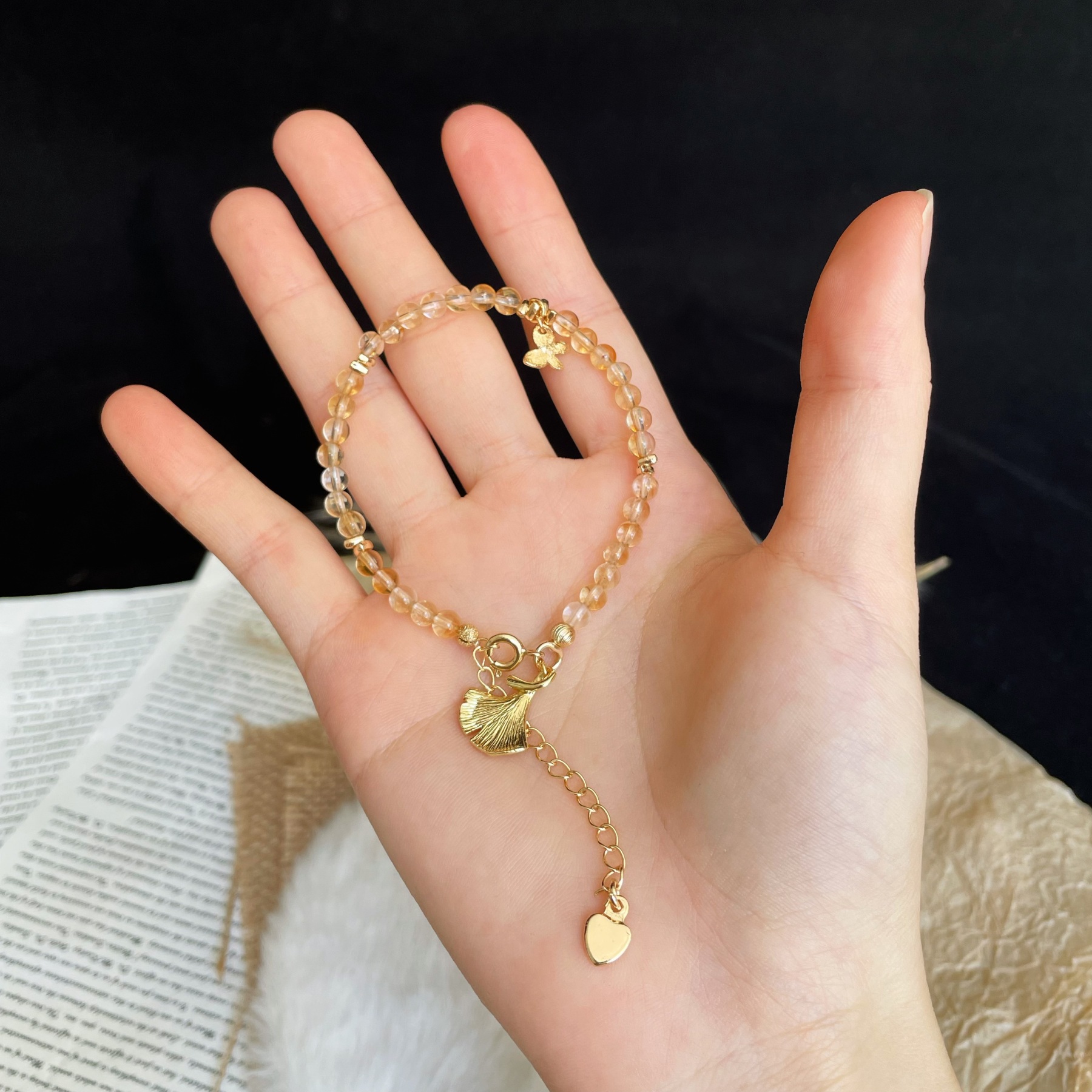 Handmade Natural Citrine Bracelet with Butterfly and Ginkgo Leaf Charms