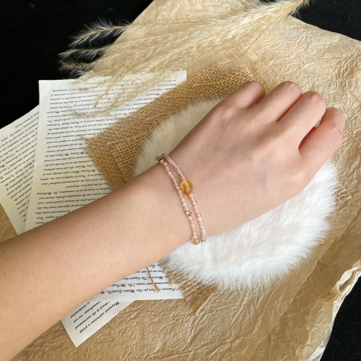 Handmade Playful Double Layer Bracelet with Light Nanjiang Carnelian Golden Rutilated Quartz Citrine