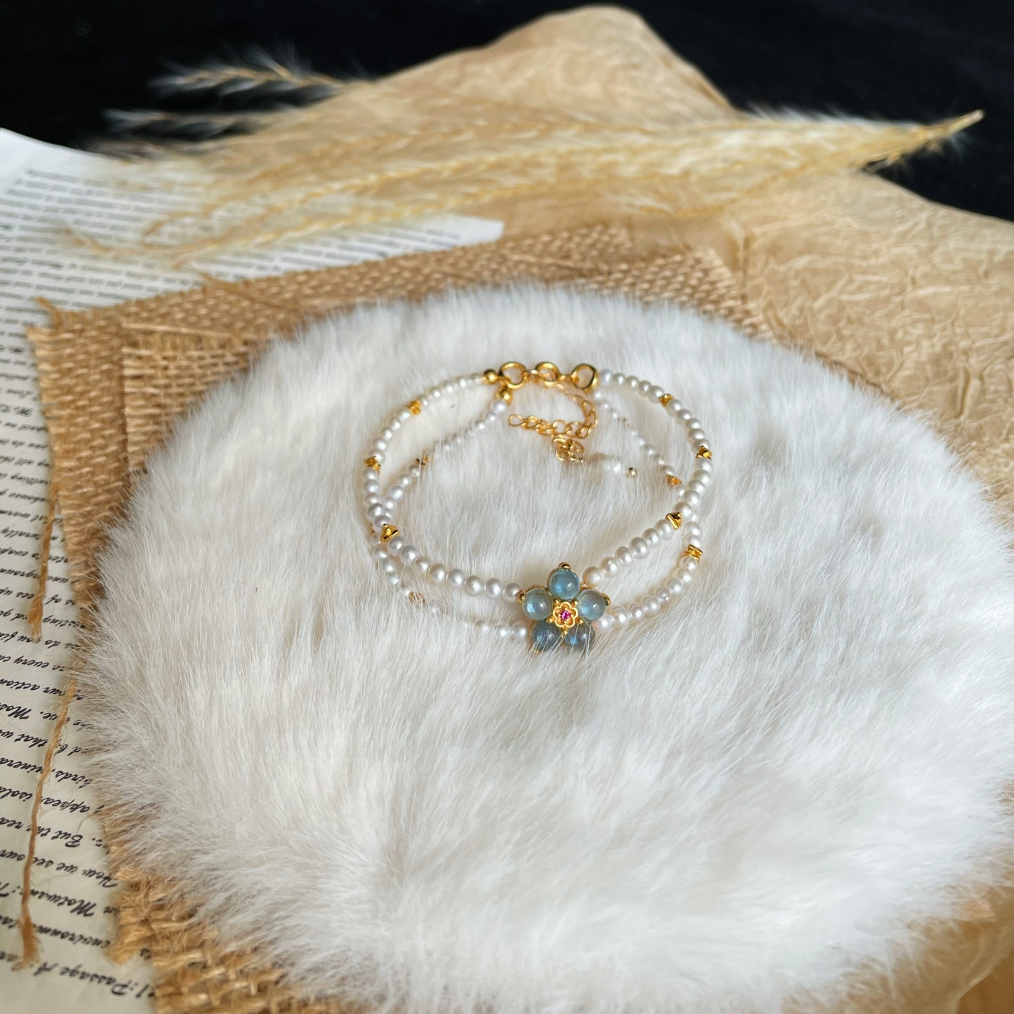 Handmade Galaxy Bloom Double Layer Freshwater Pearl Bracelet with Aquamarine Flower