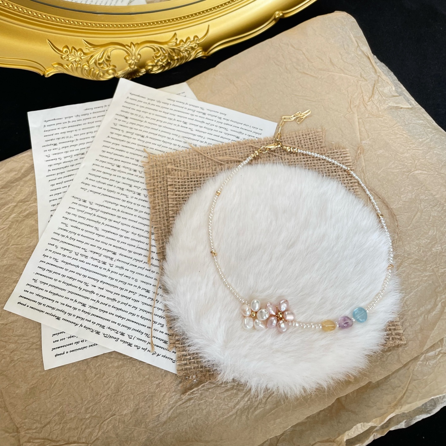 Handmade Sweet Pearl Flower Necklace with Gemstone Accents Dainty Freshwater Pearl Choker