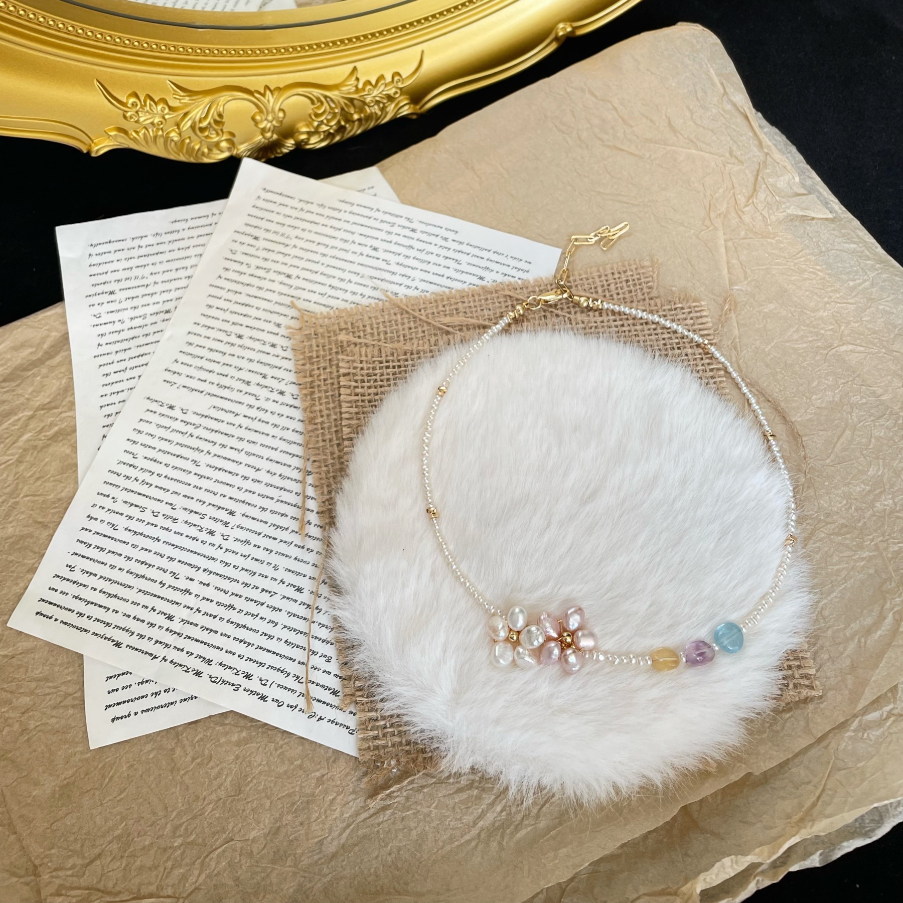 Handmade Sweet Pearl Flower Necklace with Gemstone Accents Dainty Freshwater Pearl Choker