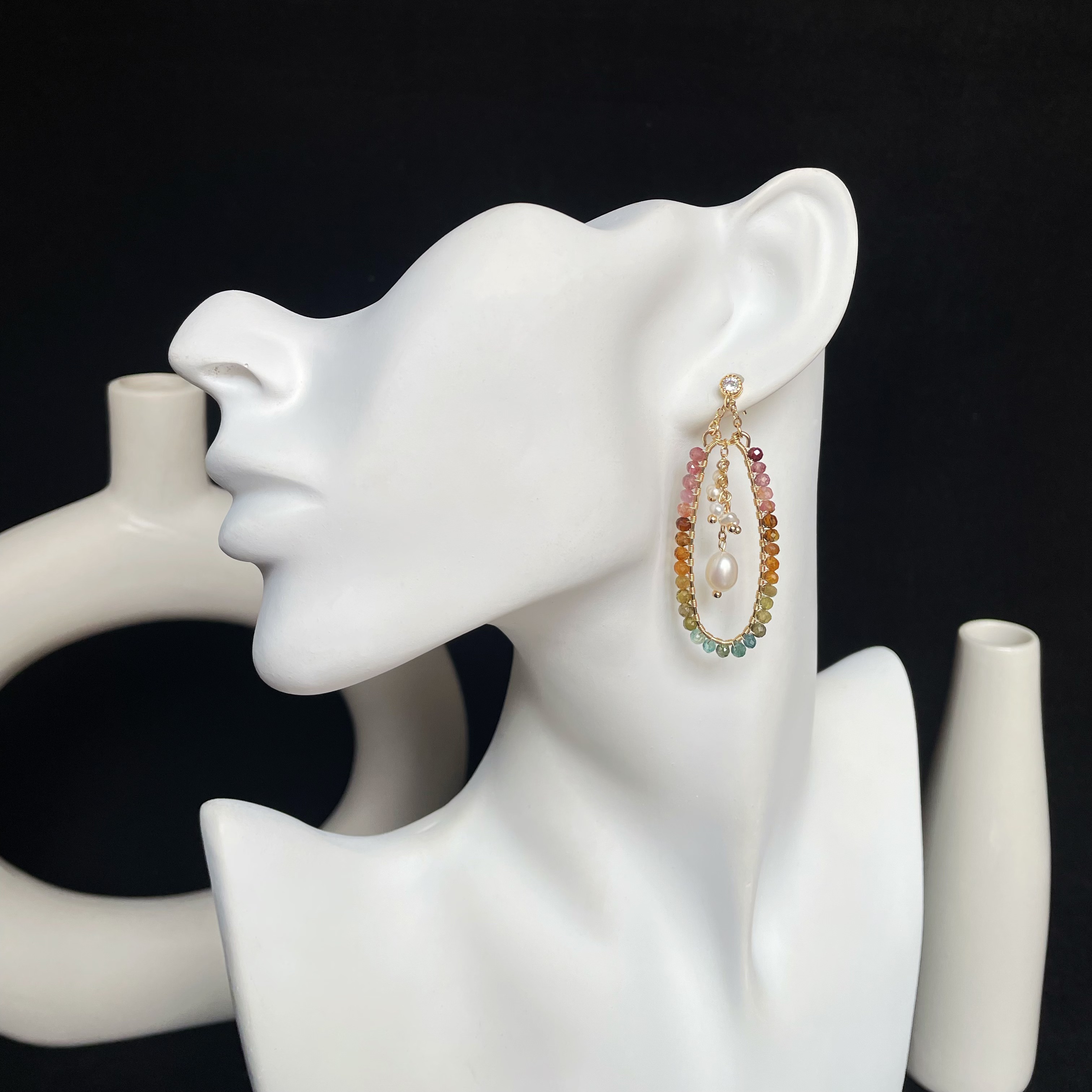 Handmade Wire Wrapped Color Gradient Tourmaline Hoop Earrings with Freshwater Pearl Tassel