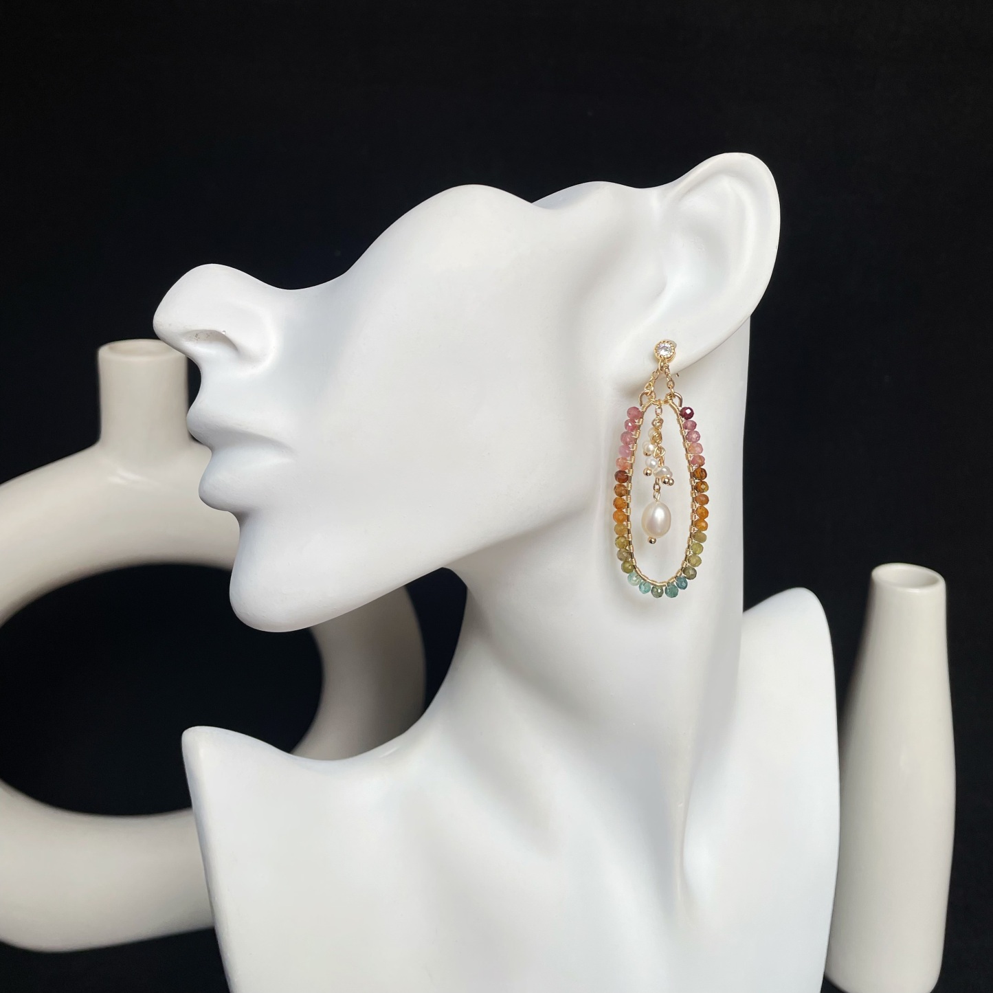 Handmade Wire Wrapped Color Gradient Tourmaline Hoop Earrings with Freshwater Pearl Tassel