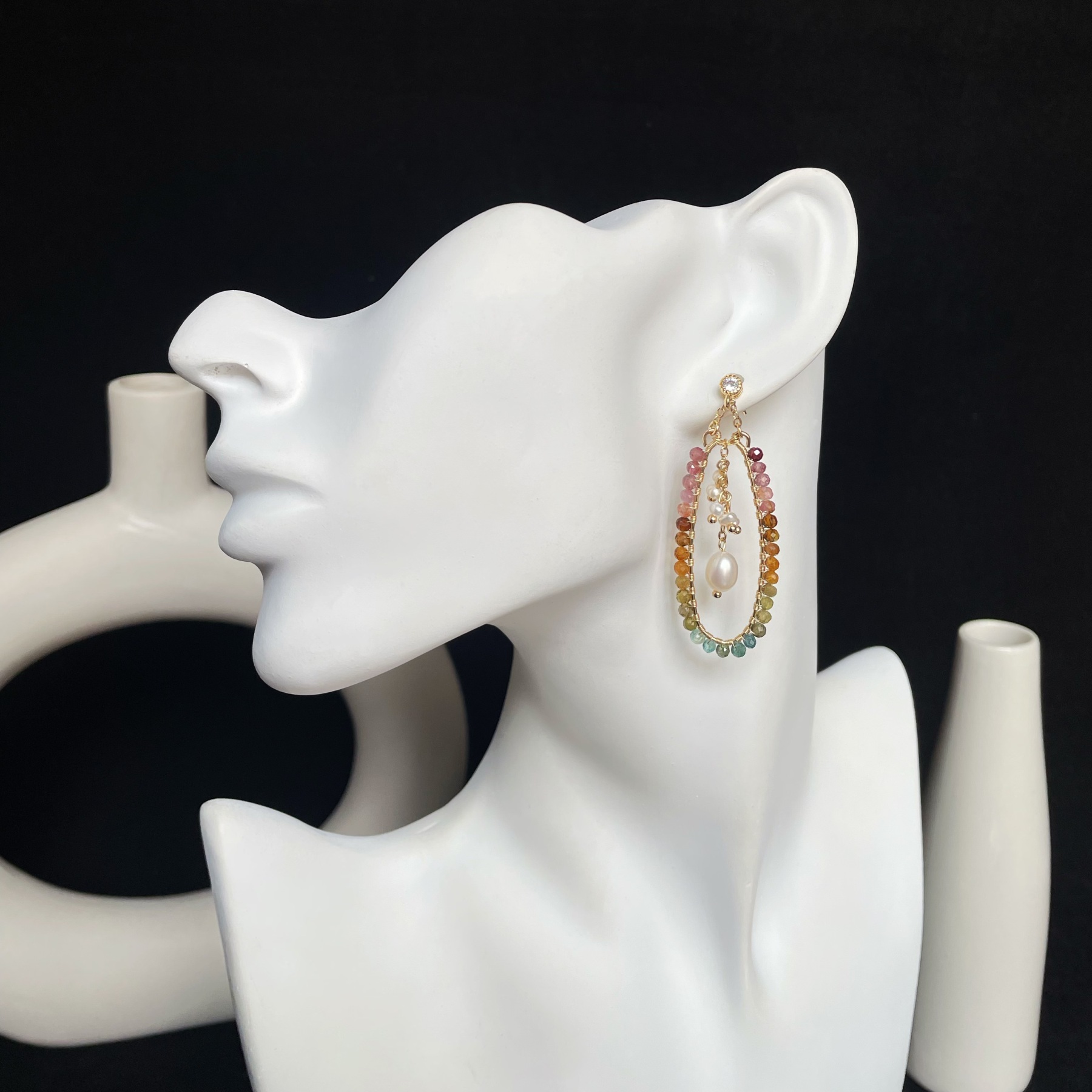 Handmade Wire Wrapped Color Gradient Tourmaline Hoop Earrings with Freshwater Pearl Tassel