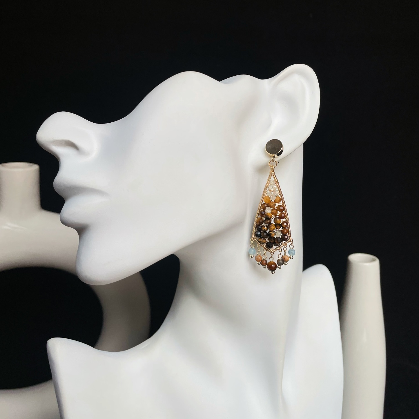 Handmade Autumn Statement Tiger’s Eye Geometric Wire Wrapped Earrings