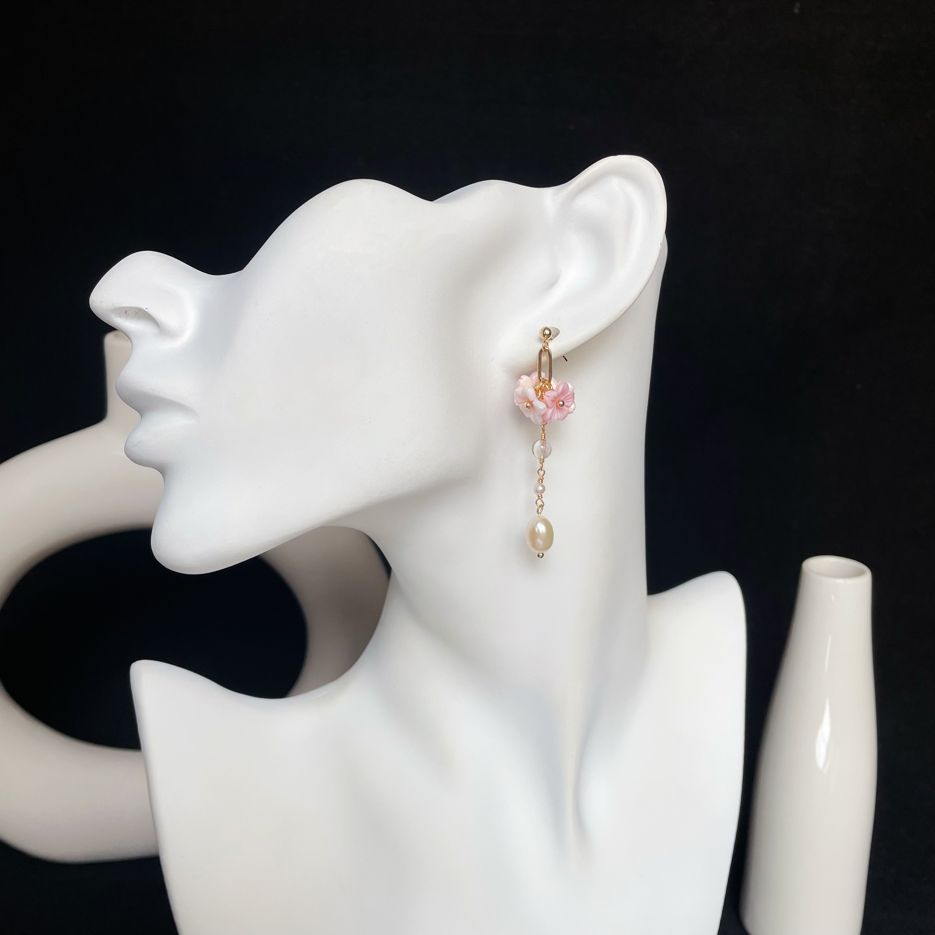 Handmade Romantic Floral Pink Mother of Pearl Flowers and Pearl Drop Earrings