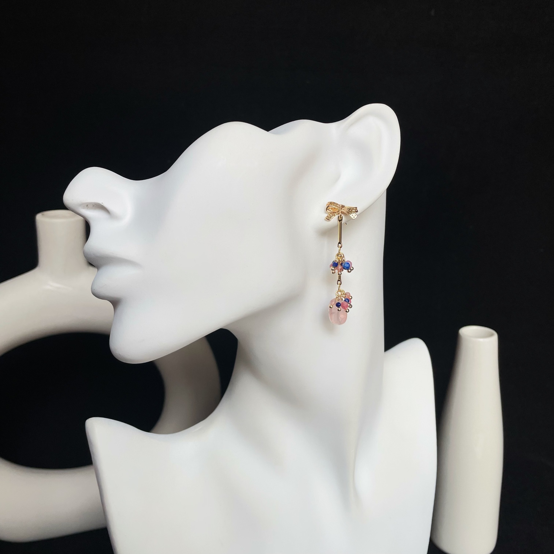 Handmade Dainty Pink Tourmaline and Lapis Lazuli Layered Tassel with Rose Quartz Dangle Drop Earrings