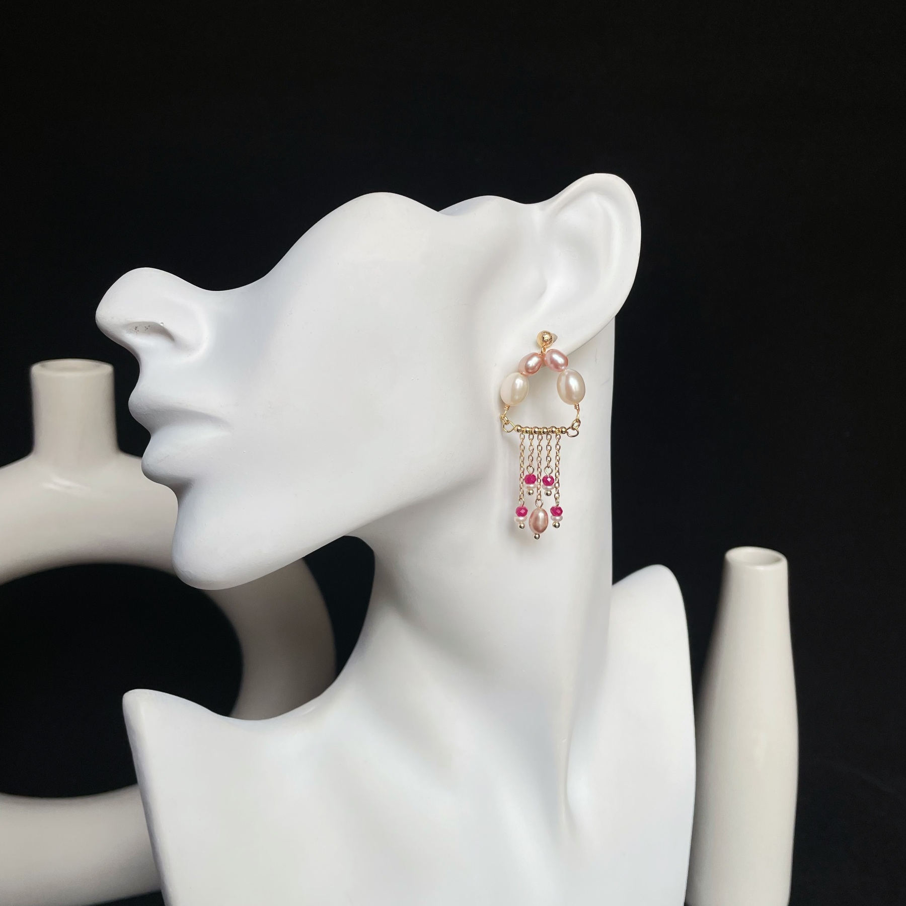 Handmade Pink Jellyfish Inspired Pearl and Ruby Tassel Drop Earrings