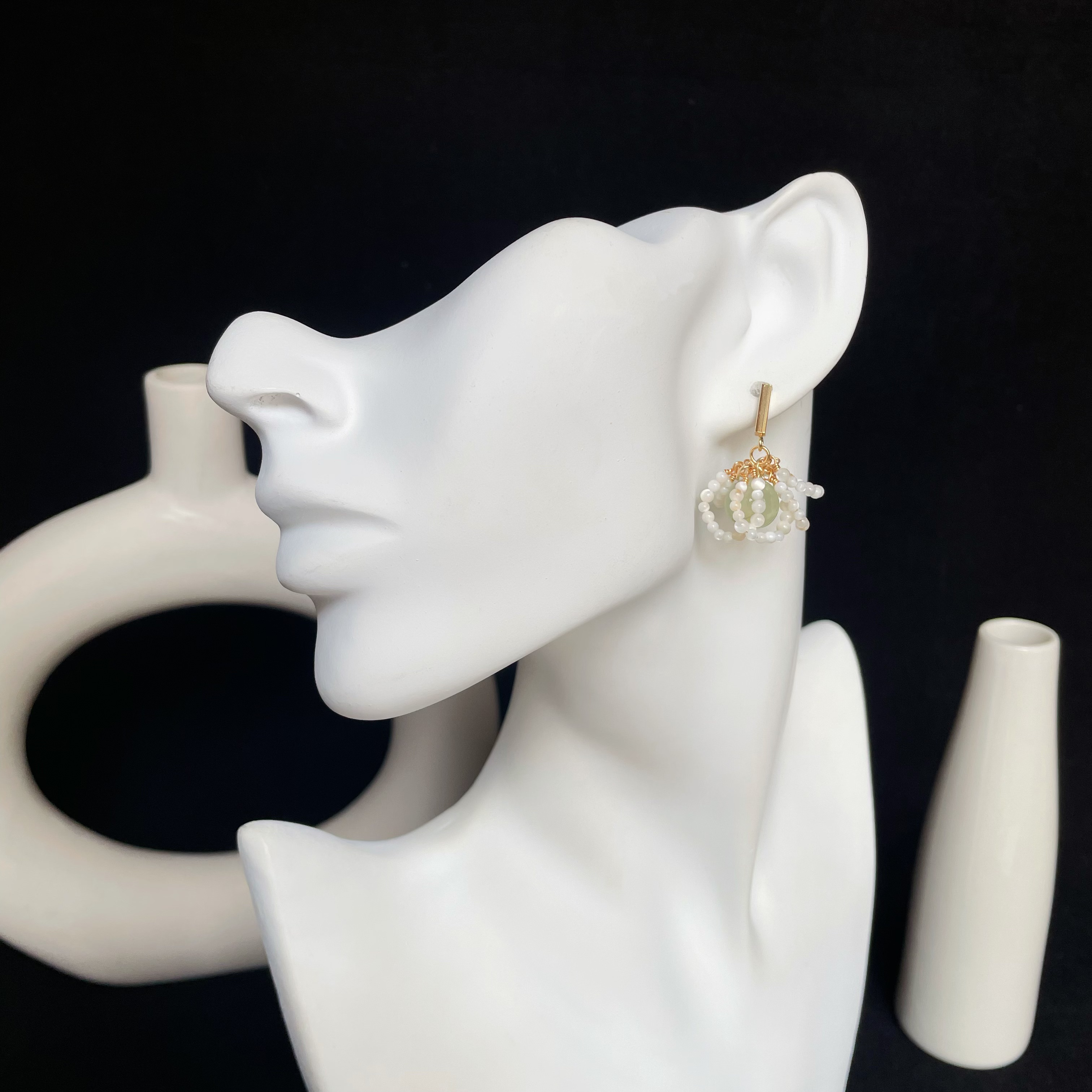 Handmade Fresh Floral Drop Earrings Mother of Pearl Petals and Green Prehnite Center