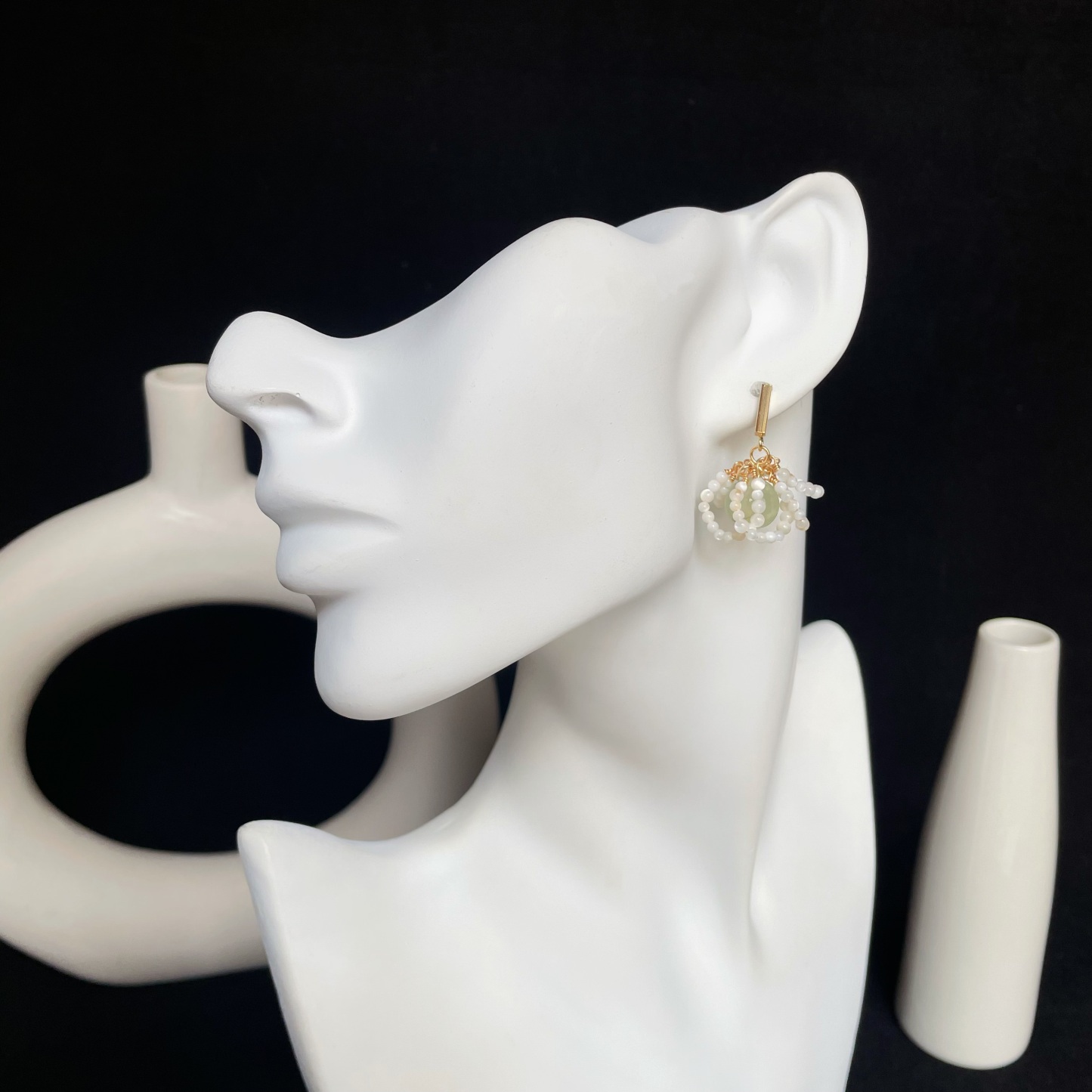 Handmade Fresh Floral Drop Earrings Mother of Pearl Petals and Green Prehnite Center