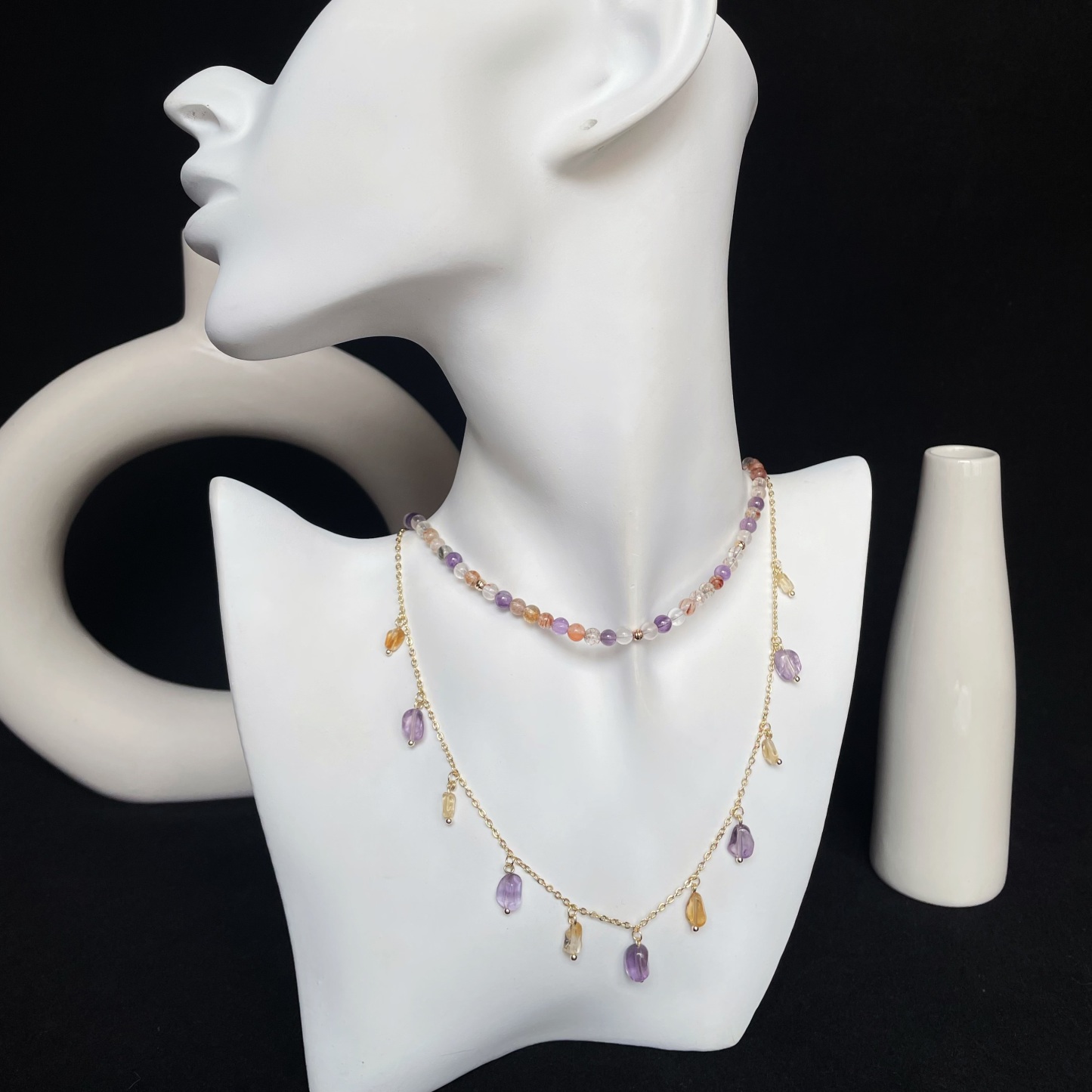 Handmade Dainty Layered Necklace Super Seven Crystal Choker and Amethyst Citrine Drop Necklace