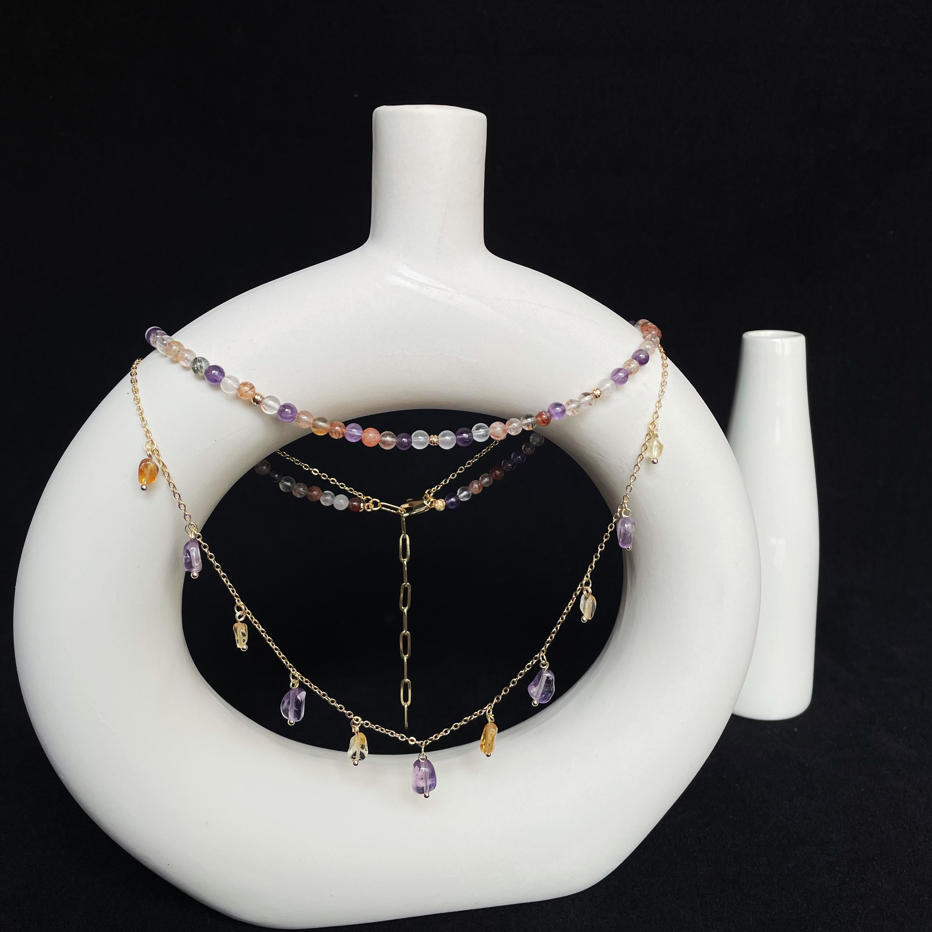 Handmade Dainty Layered Necklace Super Seven Crystal Choker and Amethyst Citrine Drop Necklace