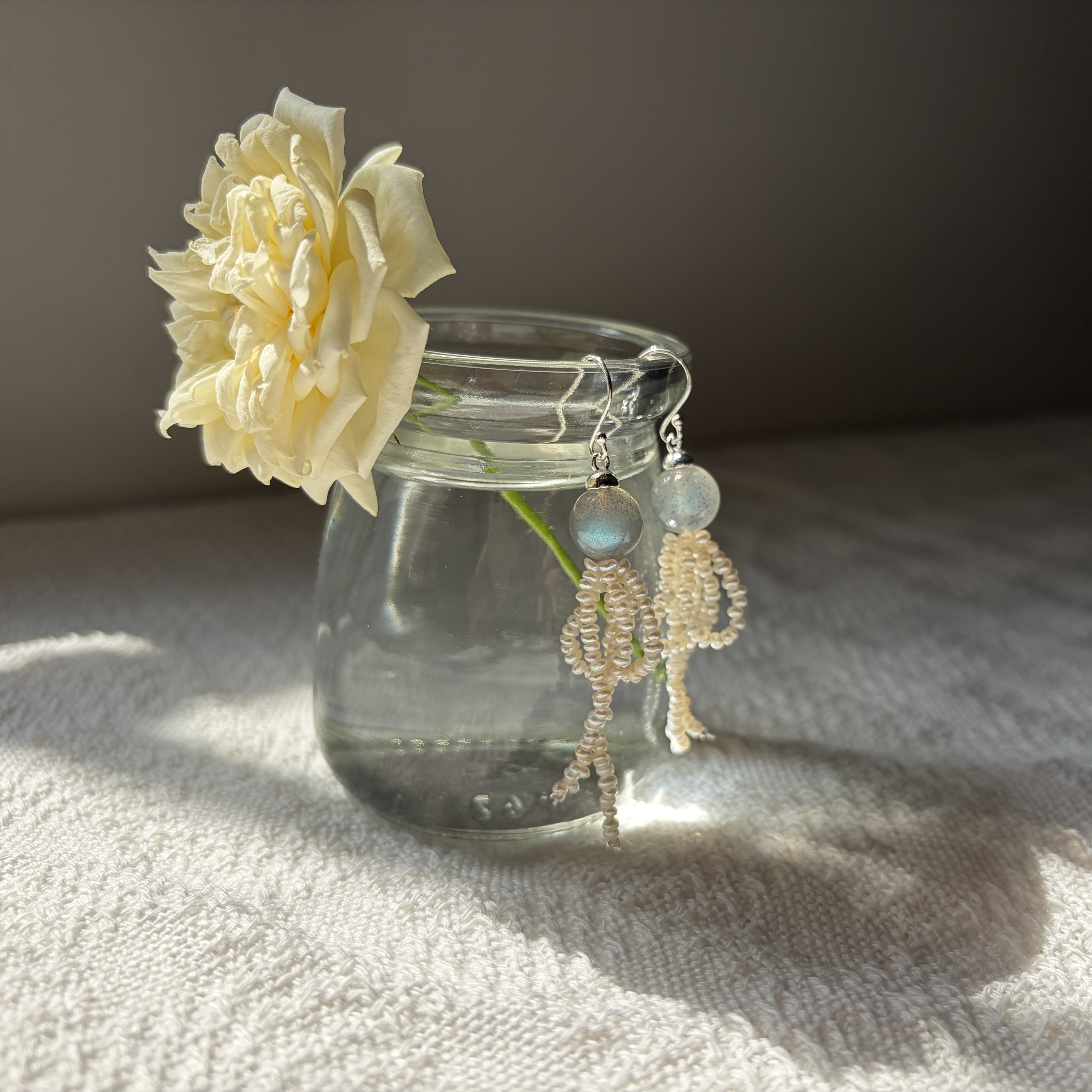 Handmade Moonlight Rain Earrings Labradorite and Freshwater Pearl Tassel Earrings