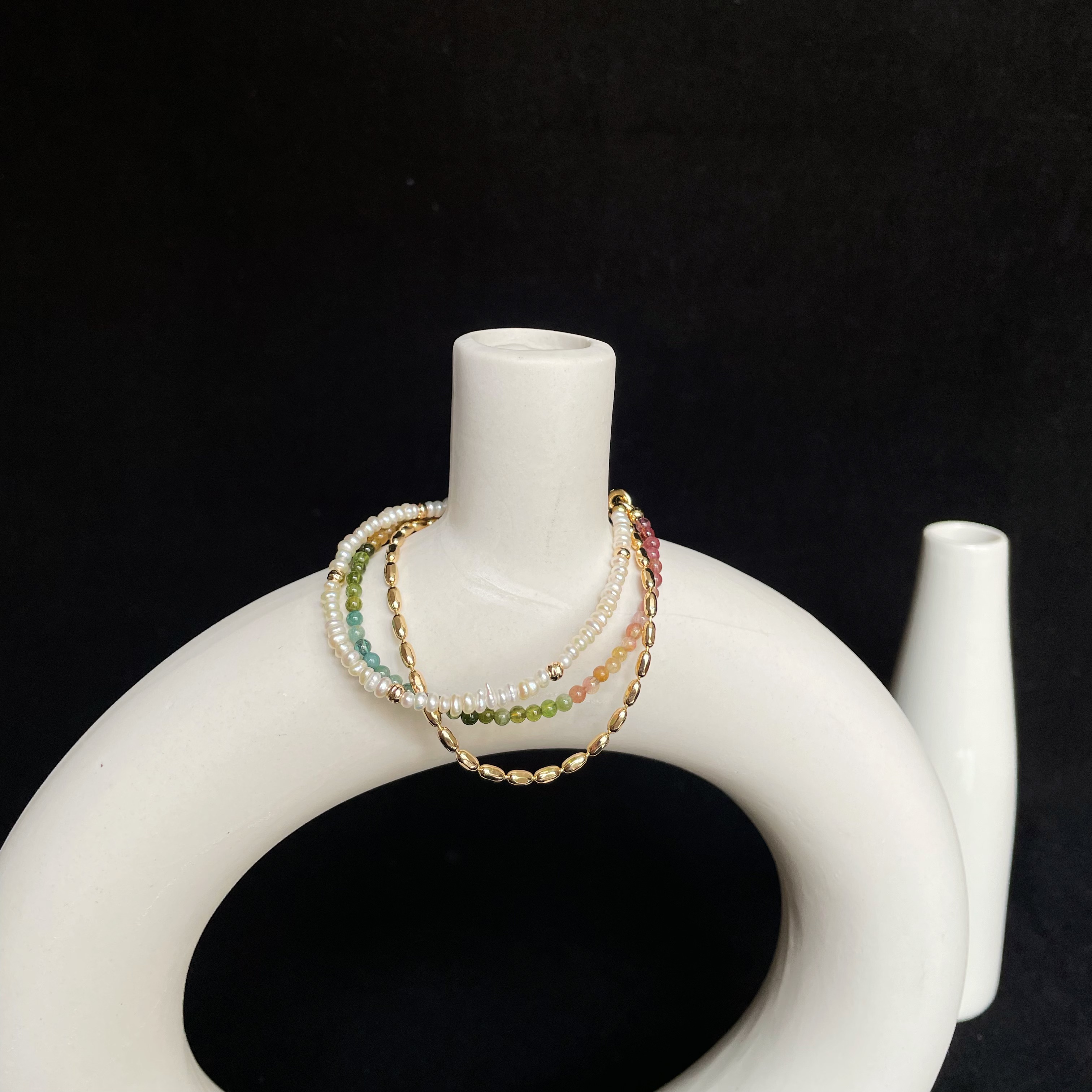 Handmade Tourmaline and Pearl Layered Bracelet with Gold Rice Chain Colorful Gemstone Dainty Bracelet