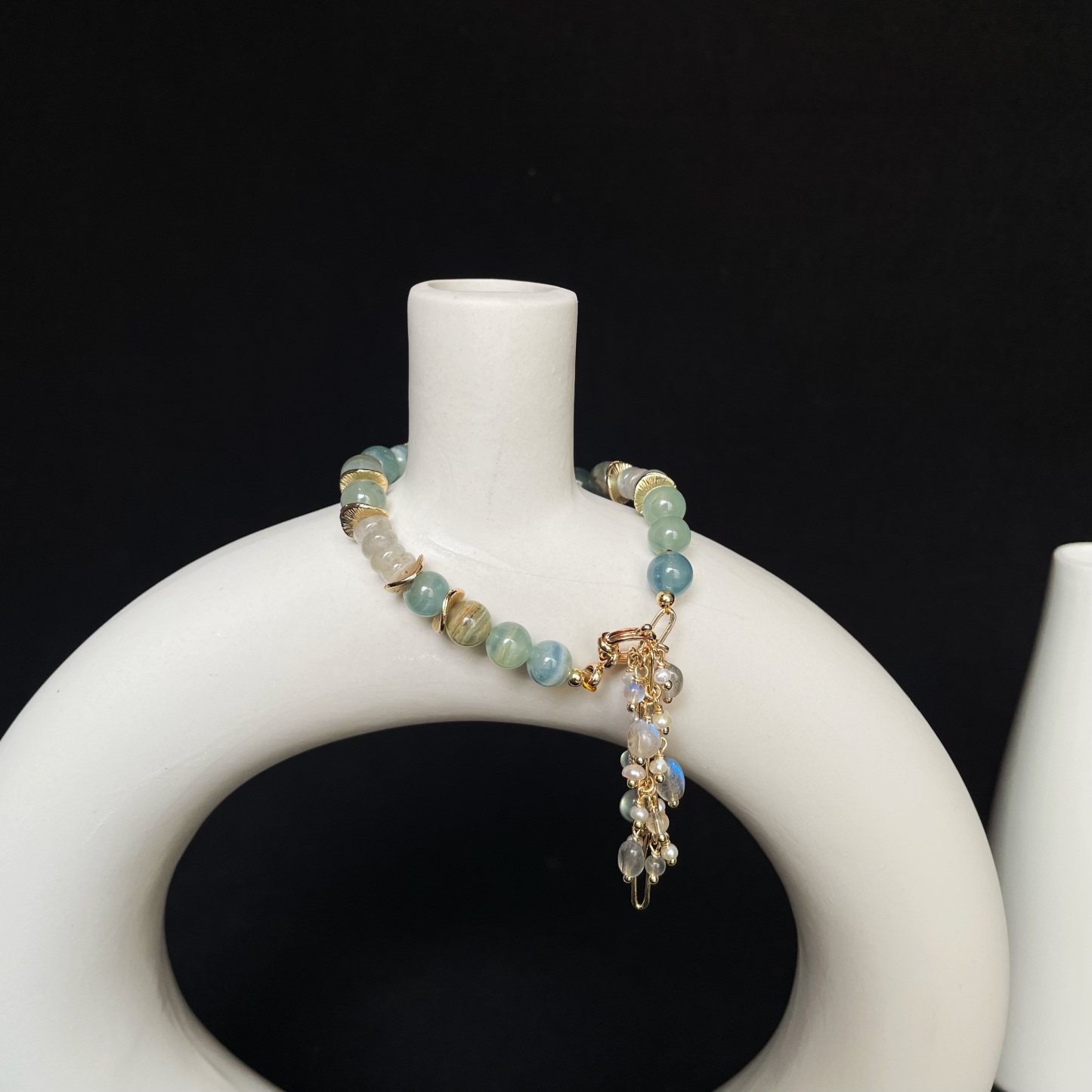 Handmade Mystic Labradorite and Blue Calcite Bracelet with Dainty Tassel