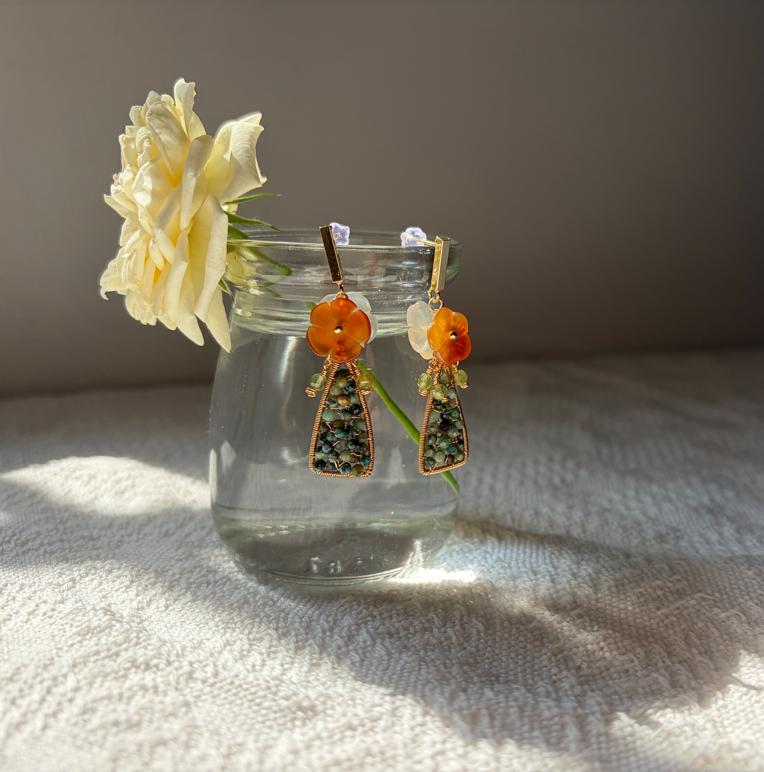 Handmade Message in a Bottle Summer Flower Earrings Indian Agate, Carnelian and Peridot Floral Earrings