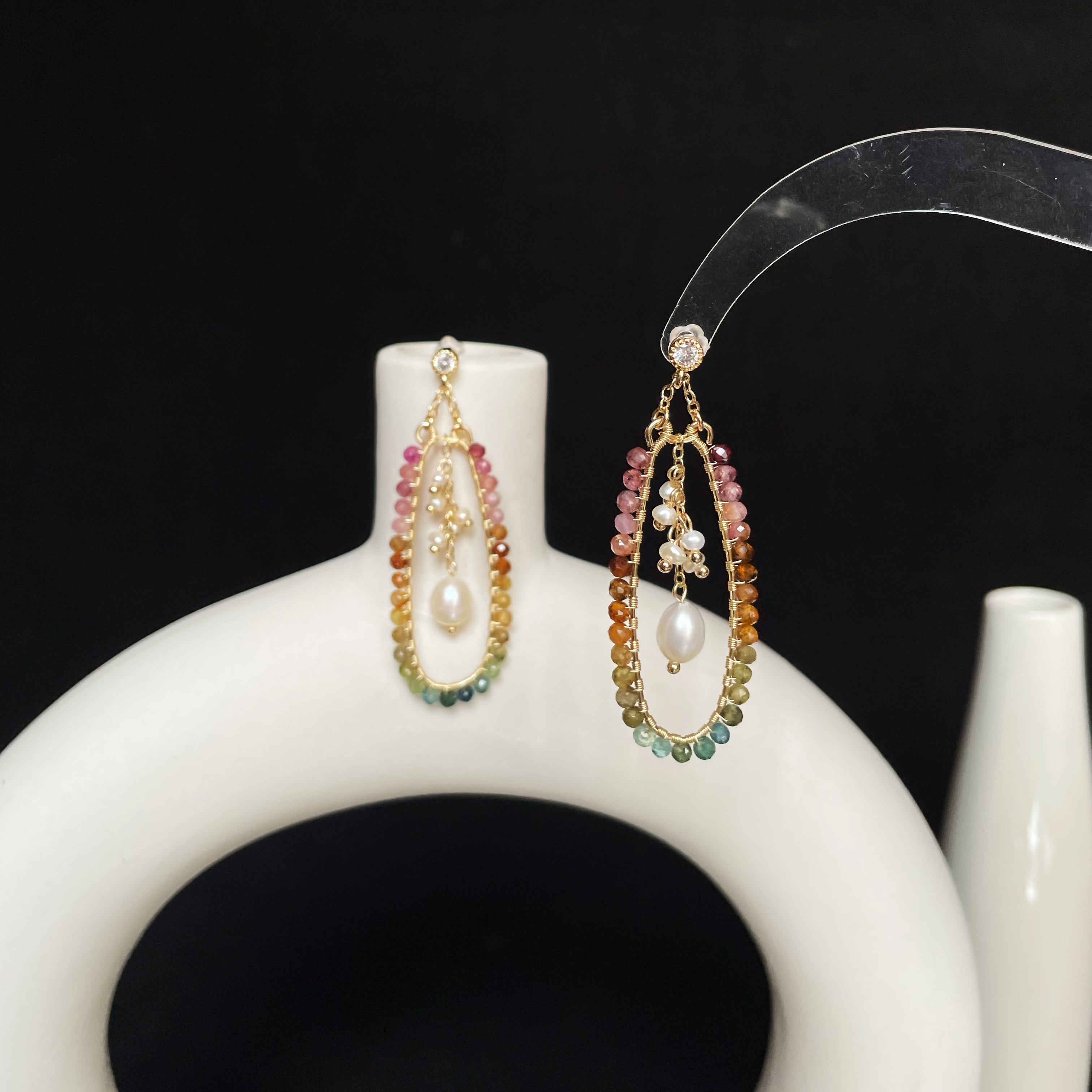 Handmade Wire Wrapped Color Gradient Tourmaline Hoop Earrings with Freshwater Pearl Tassel