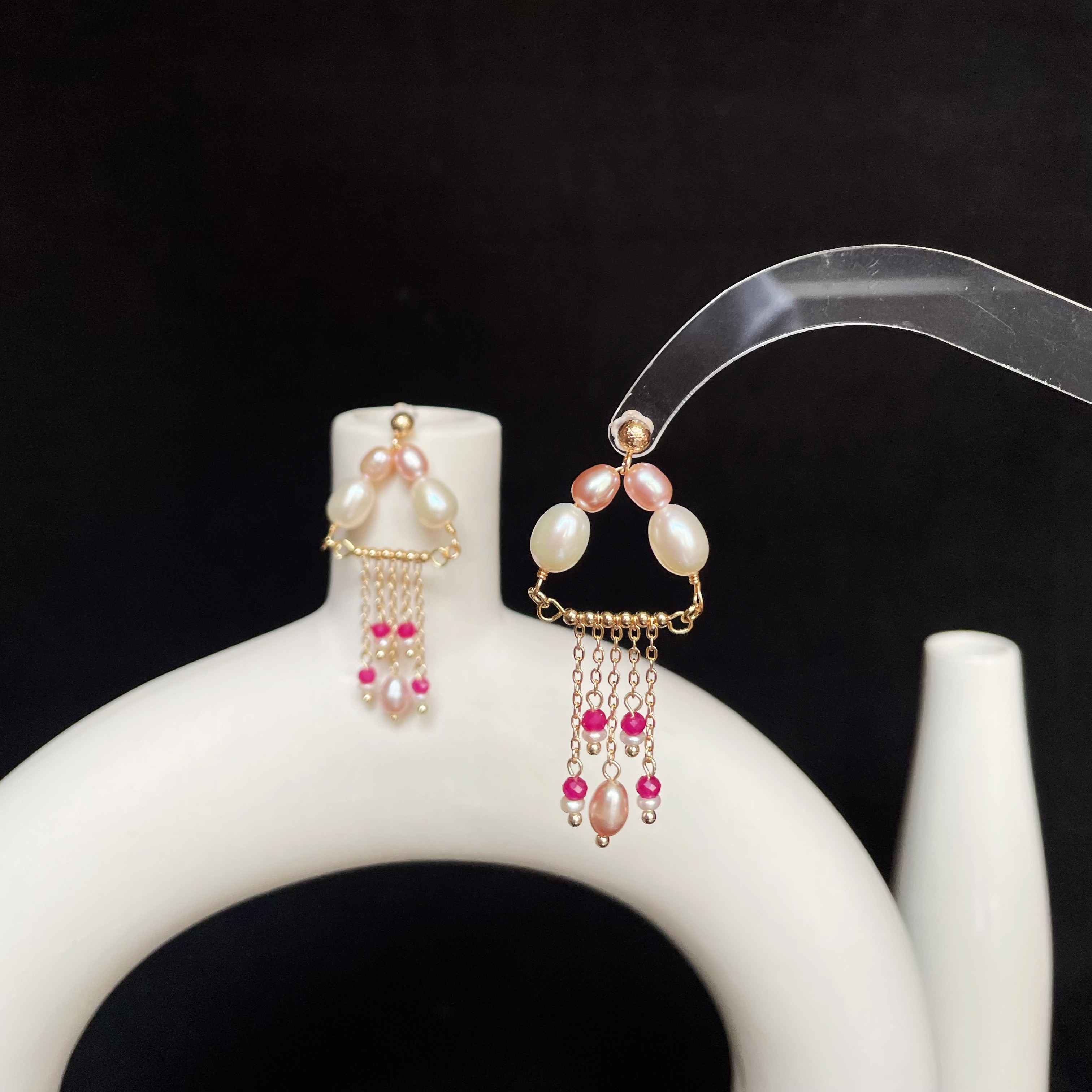 Handmade Pink Jellyfish Inspired Pearl and Ruby Tassel Drop Earrings