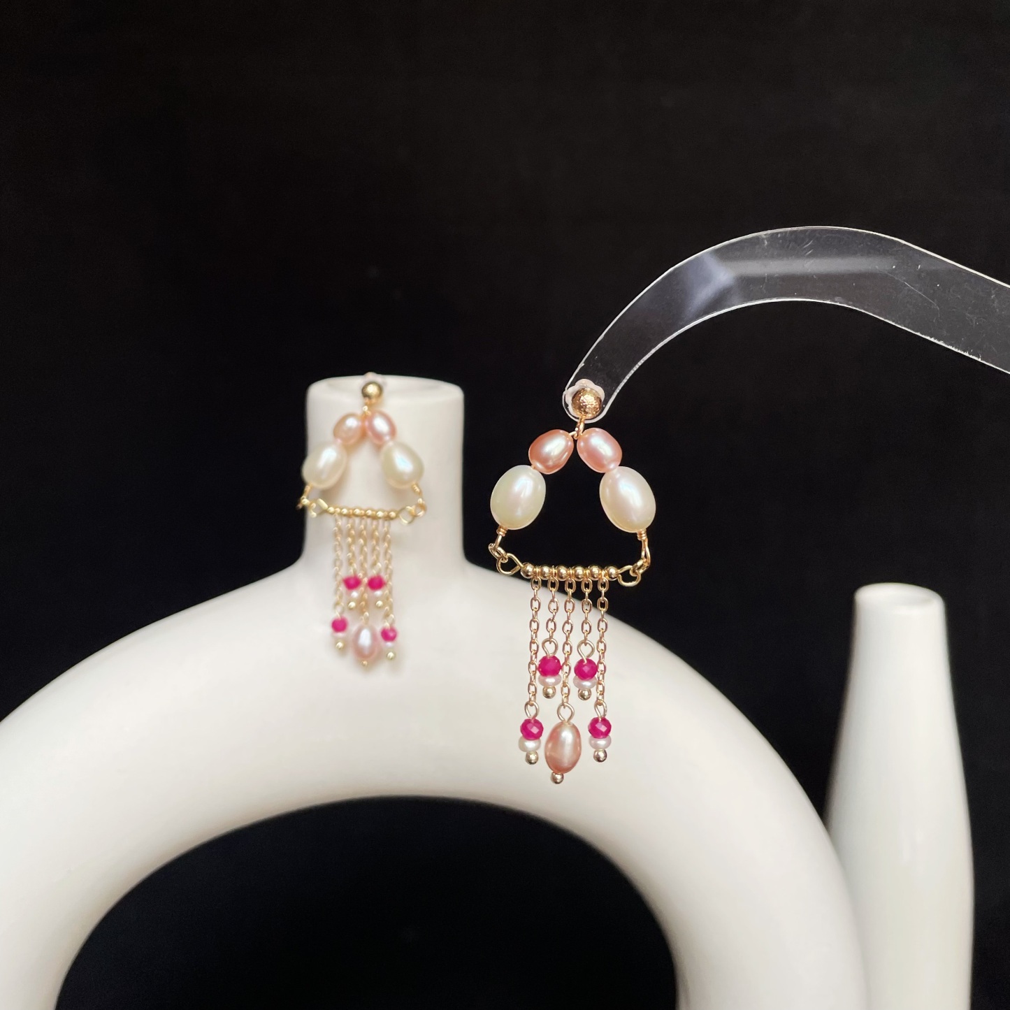 Handmade Pink Jellyfish Inspired Pearl and Ruby Tassel Drop Earrings