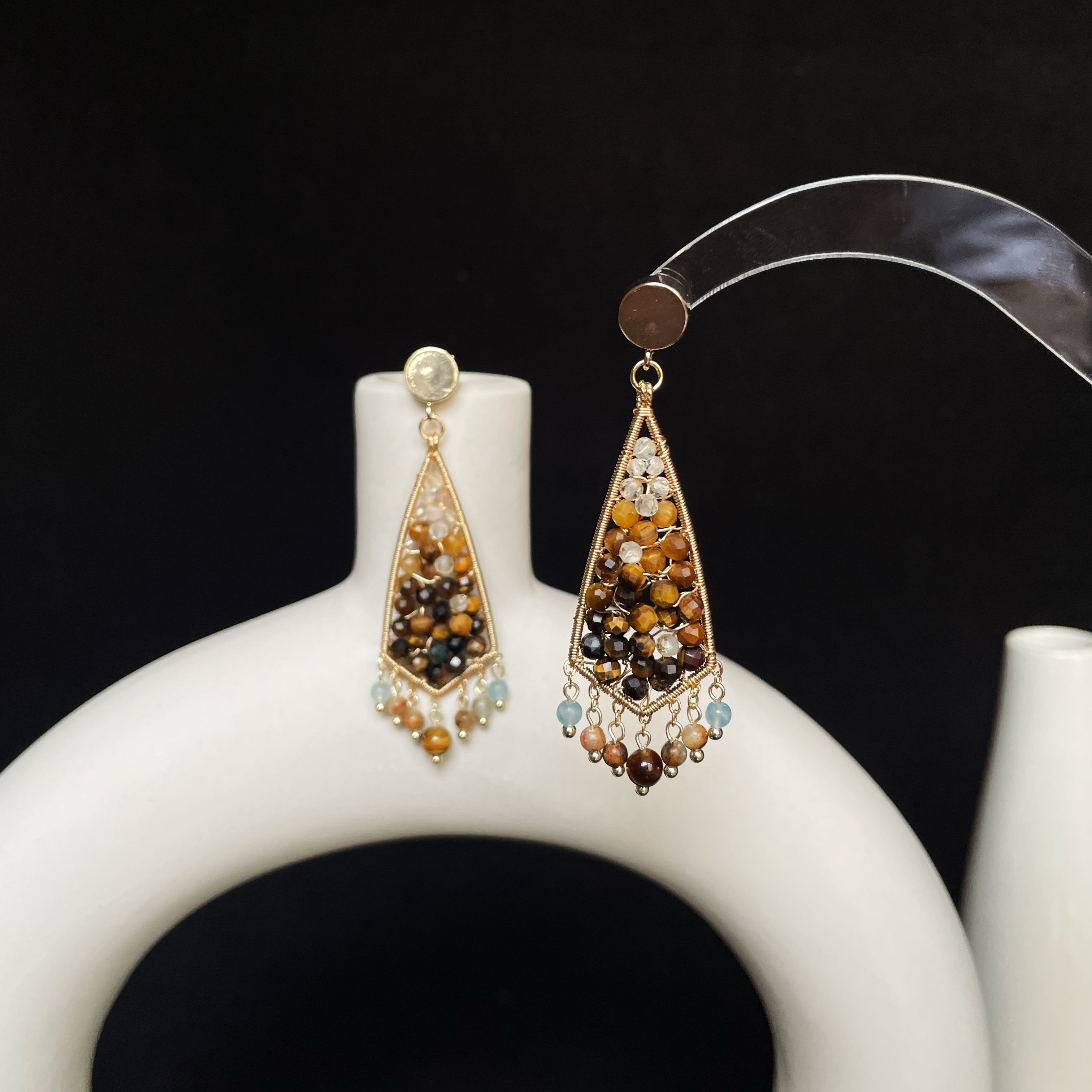 Handmade Autumn Statement Tiger’s Eye Geometric Wire Wrapped Earrings