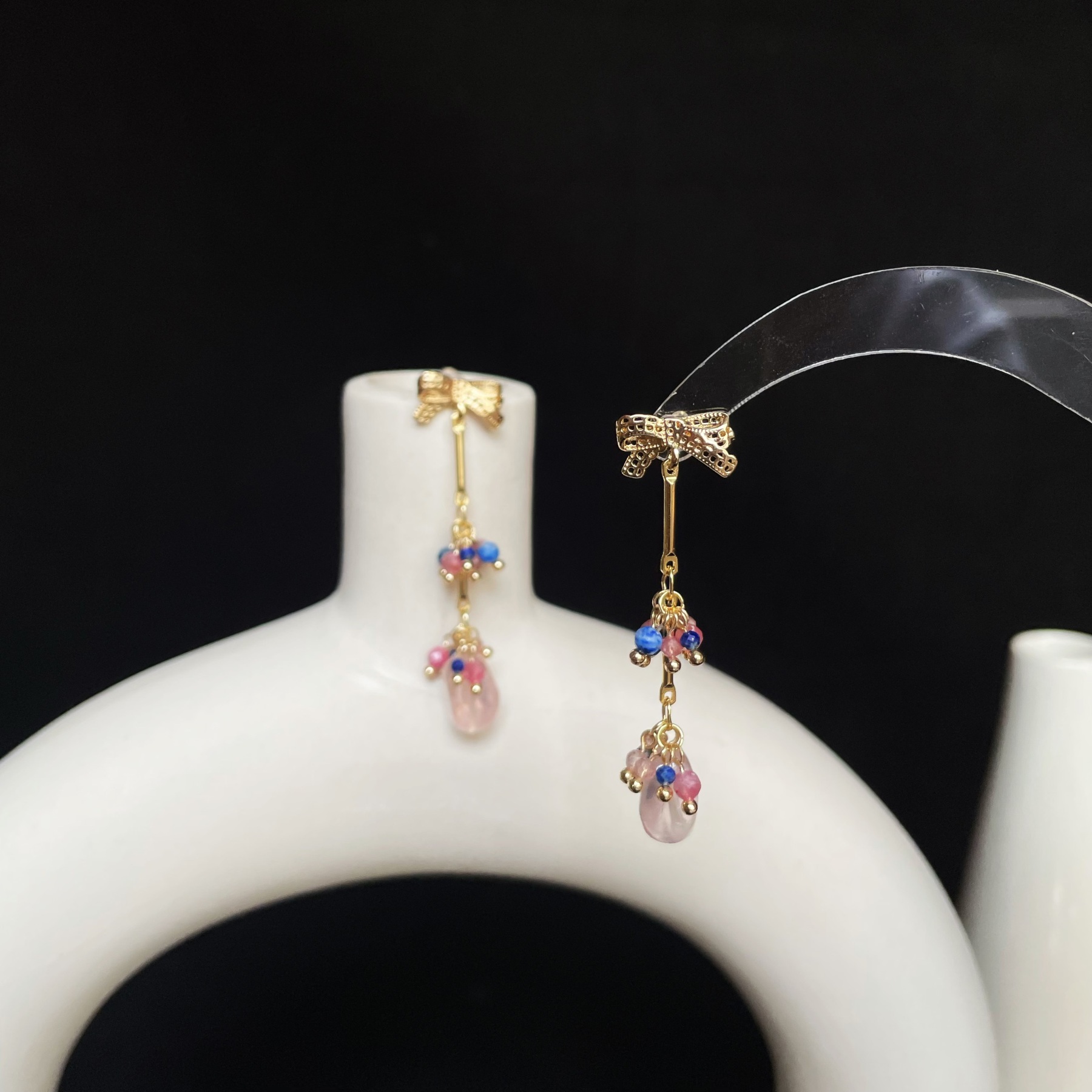 Handmade Dainty Pink Tourmaline and Lapis Lazuli Layered Tassel with Rose Quartz Dangle Drop Earrings