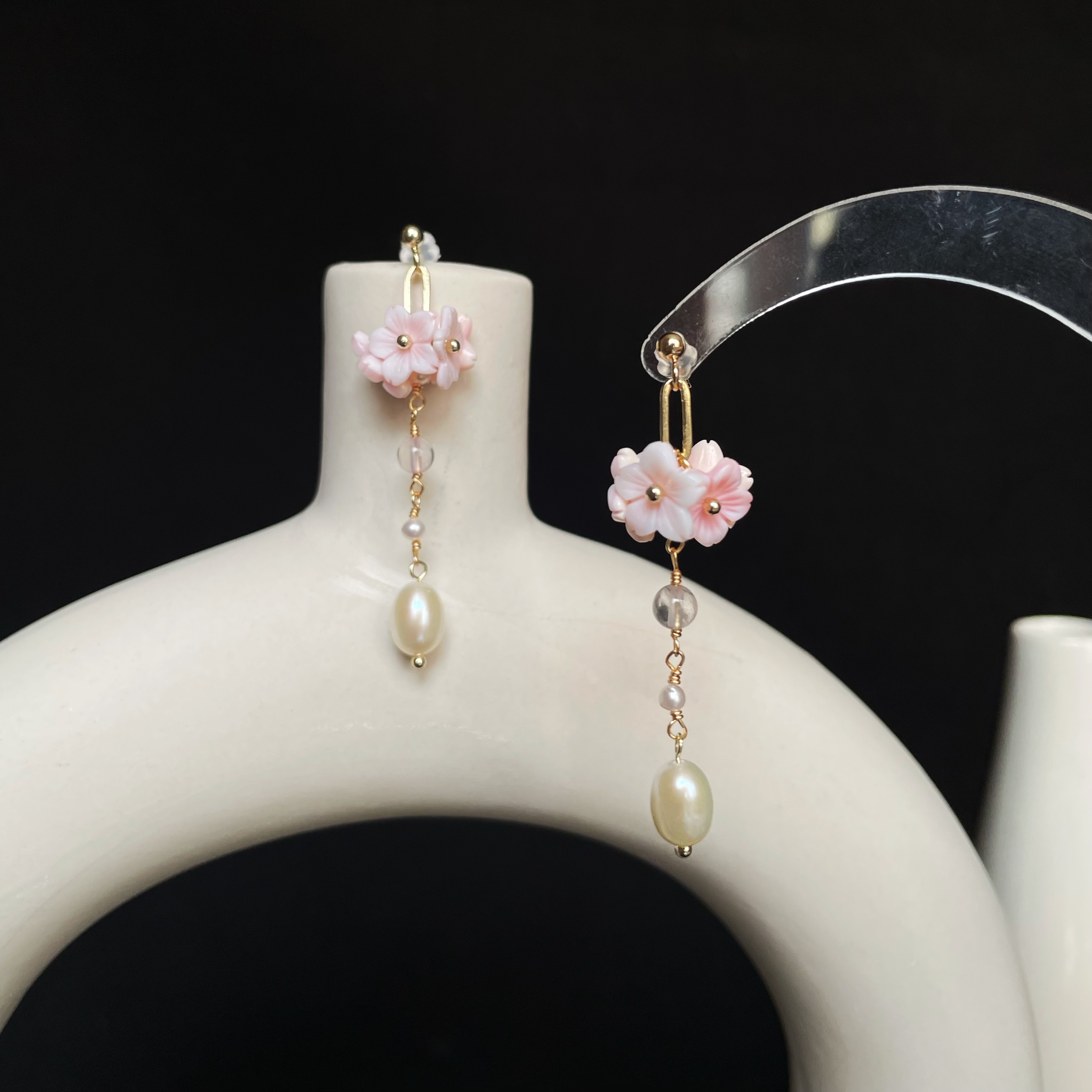 Handmade Romantic Floral Pink Mother of Pearl Flowers and Pearl Drop Earrings