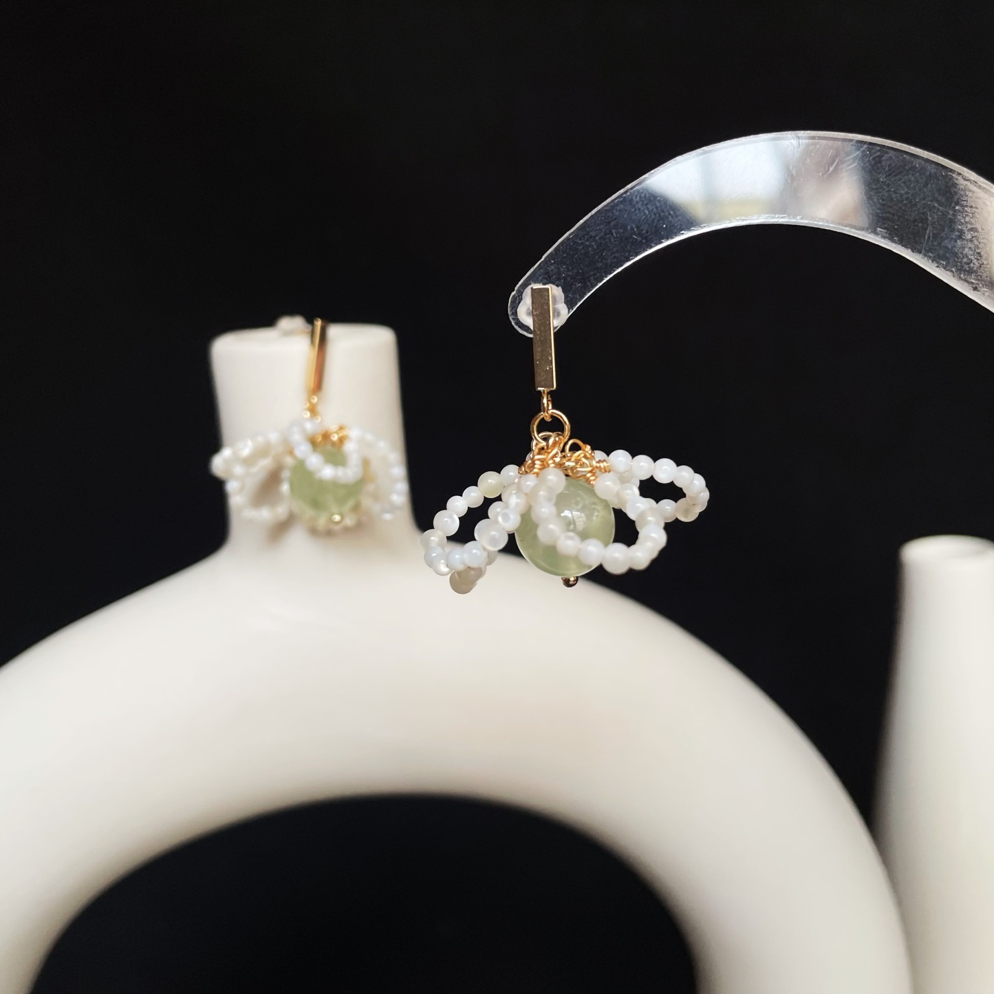 Handmade Fresh Floral Drop Earrings Mother of Pearl Petals and Green Prehnite Center